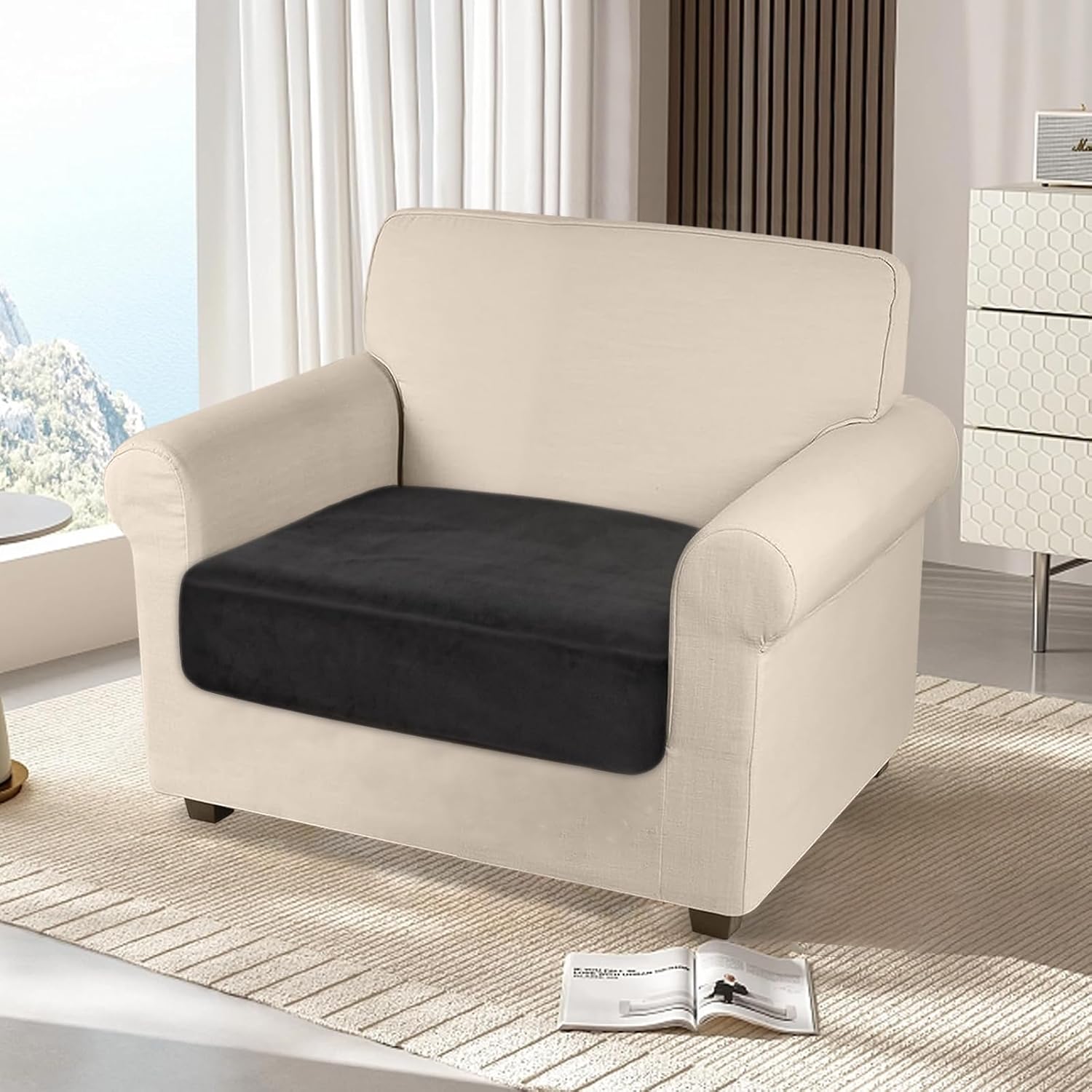 NAISI Sectional Couch Cover 4 Pieces Velvet Separate Couch Cushion Covers L Shape Soft Stretch Sofa Slipcovers with 2pcs Pillowcases for Left/Right Chaise Sectional Couch(3 Seater+1 Chaise,Dark Grey)