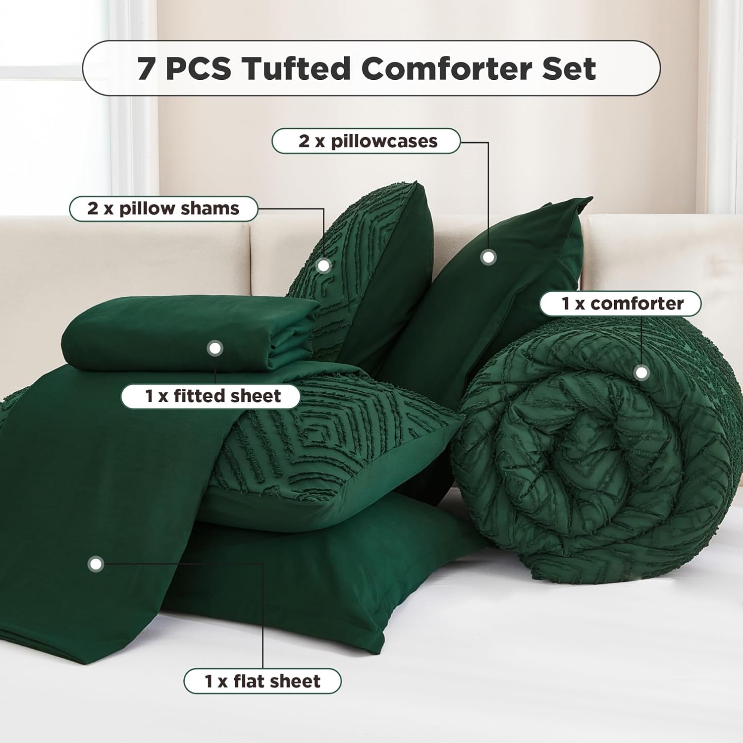 Andency King Size Comforter Set 7 Pieces Dark Emerald Green - Bed in a Bag King Boho Lightweight Fluffy Tufted Bedding Sets with Quilt Comforter, Sheets, Pillowcases & Shams