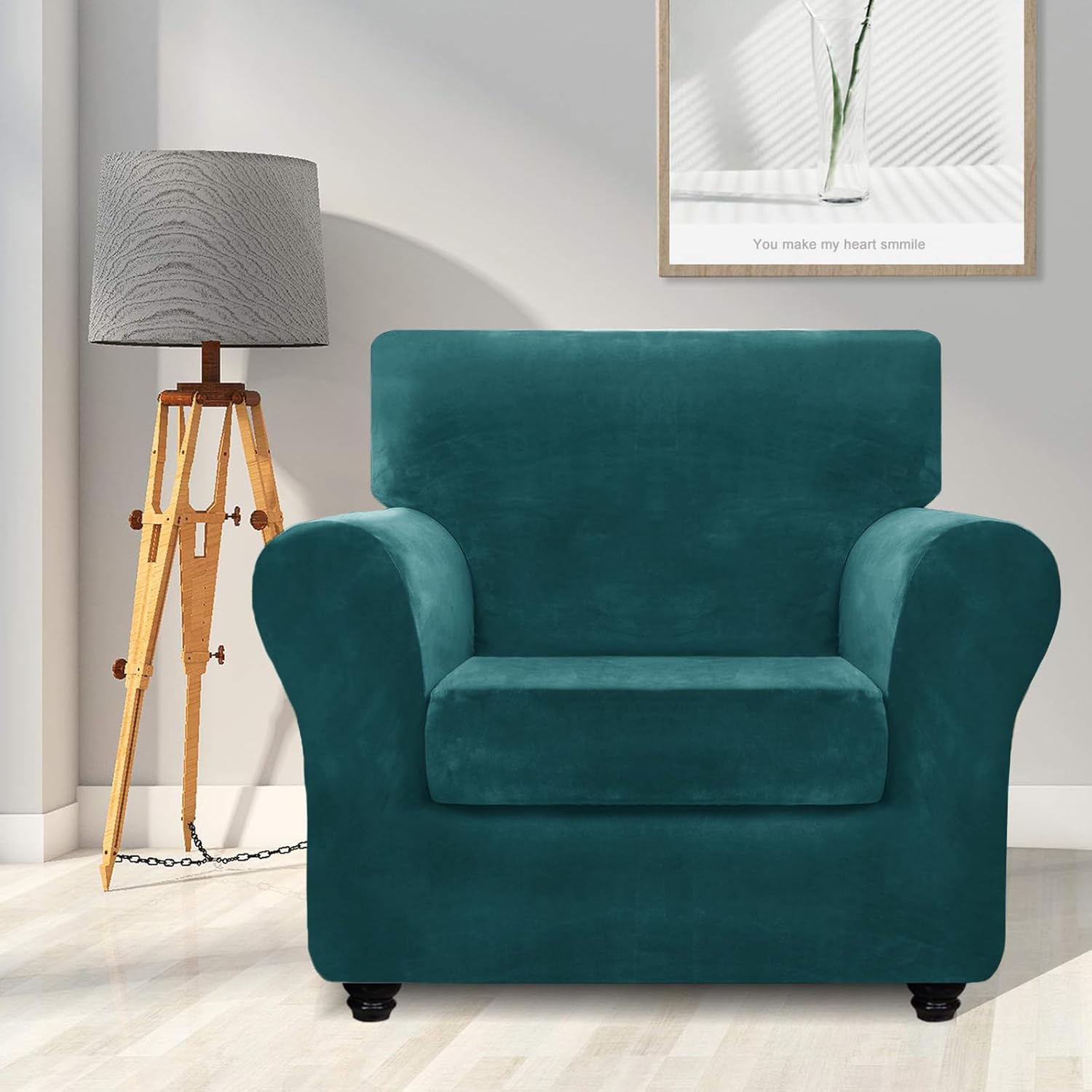 ZNSAYOTX Luxury Velvet Chair Slipcovers with Arms 2 Piece Stretch Chair Covers for Living Room Soft Armchair Slipcover Anti Slip Dog Pet Friendly Furniture Protector (Deep Teal),30"-47"(1 Cushion)