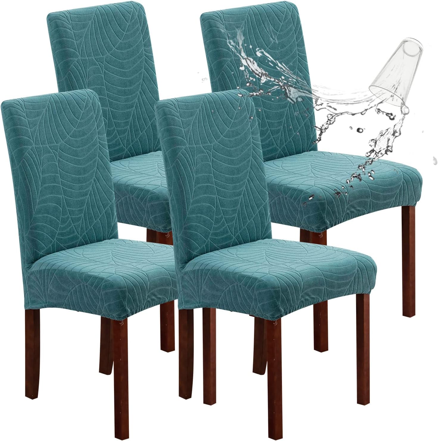 Genina 100% Waterproof Chair Covers for Dining Room Set of 4, Stretch Parson Chair Slipcovers for Kitchen Chairs, Washable Chair Protectors, Leaves-Warm Gray
