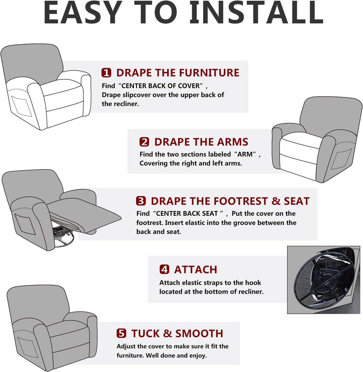 Leather Like Recliner Chair Covers Heavy Duty, 4 Pieces Lazy Boy Recliner Cover for Recliner Chair, Leather Cover for Recliner slipcovers Washable for Pets (Dark Brown)