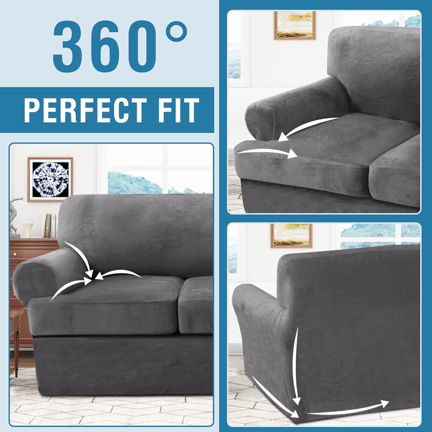 H.VERSAILTEX Sofa Cover 2 Piece T Cushion Armchair Slipcovers Thick Velvet Couch Cover Furniture Protector Stretch T Cushion Sofa Covers for 1 Cushion Couch with 1 Individual T Cushion Covers, Ivory