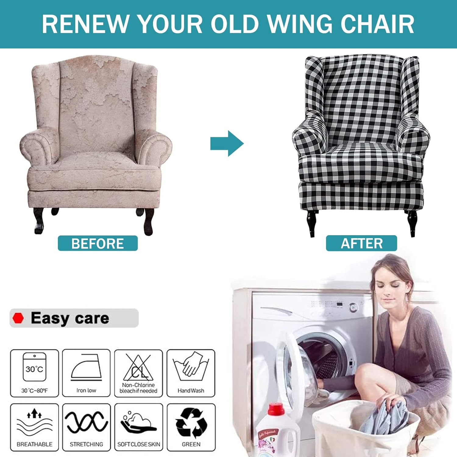 Wing Chair Slipcovers 2 Pieces Stretch Spandex Wingback Chair Covers Sofa Slipcover Printing Wingback Armchair Slipcovers Furniture Protector Couch Soft with Elastic Bottom for Wingback Chairs,12