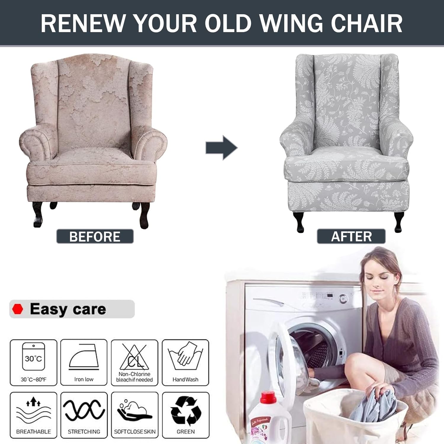 Wing Chair Slipcovers 2 Pieces Stretch Spandex Wingback Chair Covers Sofa Slipcover Printing Wingback Armchair Slipcovers Furniture Protector Couch Soft with Elastic Bottom for Wingback Chairs,12