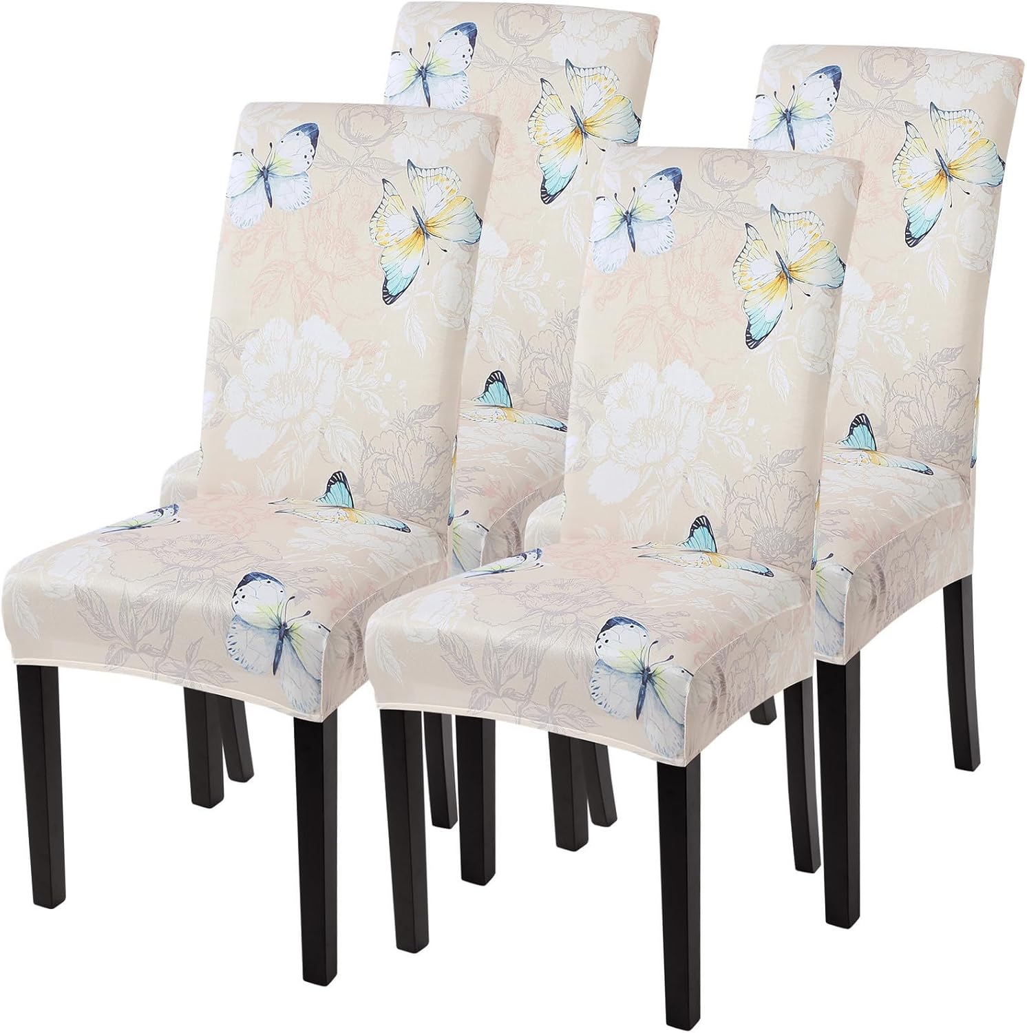 SearchI Chair Covers Slipcovers Set of 4, Spandex Super Fit Stretch Removable Washable Kitchen Parsons Protector for Dining Room,Hotel,Ceremony,Beige+Flowers