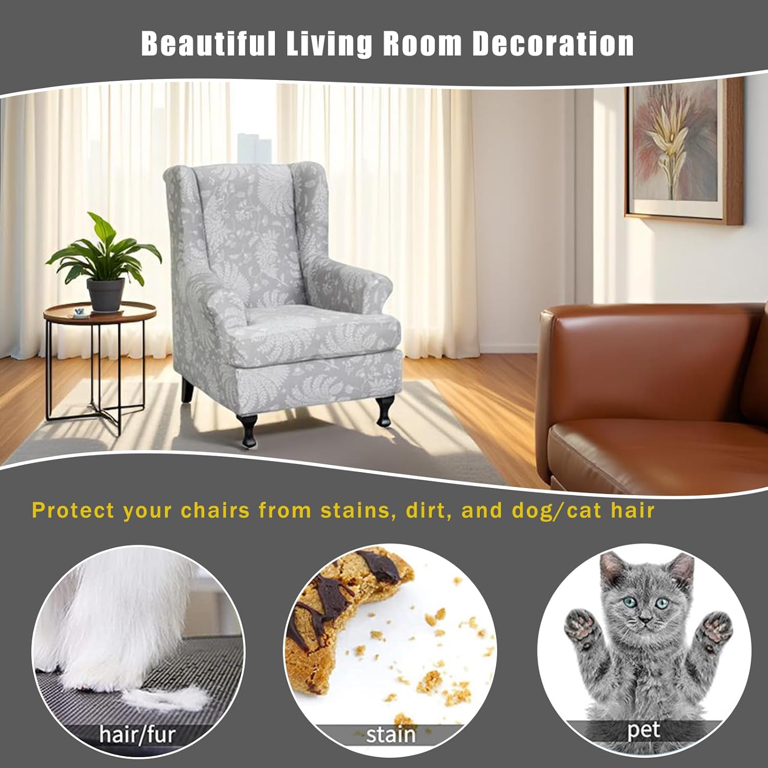 Wing Chair Slipcovers 2 Pieces Stretch Spandex Wingback Chair Covers Sofa Slipcover Printing Wingback Armchair Slipcovers Furniture Protector Couch Soft with Elastic Bottom for Wingback Chairs,12