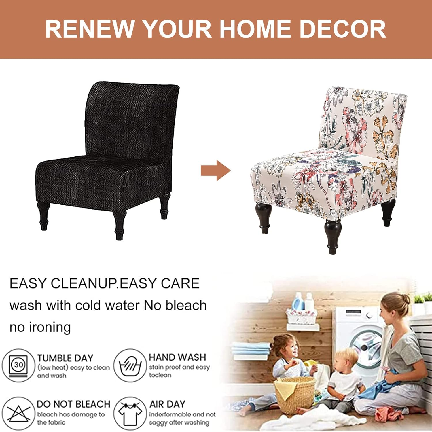 Eco-Ancheng Armless Chair Slipcover Removable Armless Accent Chairs Covers Washable Armless Slipper Chair Slipcover Printed Armless Chair Furniture Protector Covers for Living Dining Room Hotel