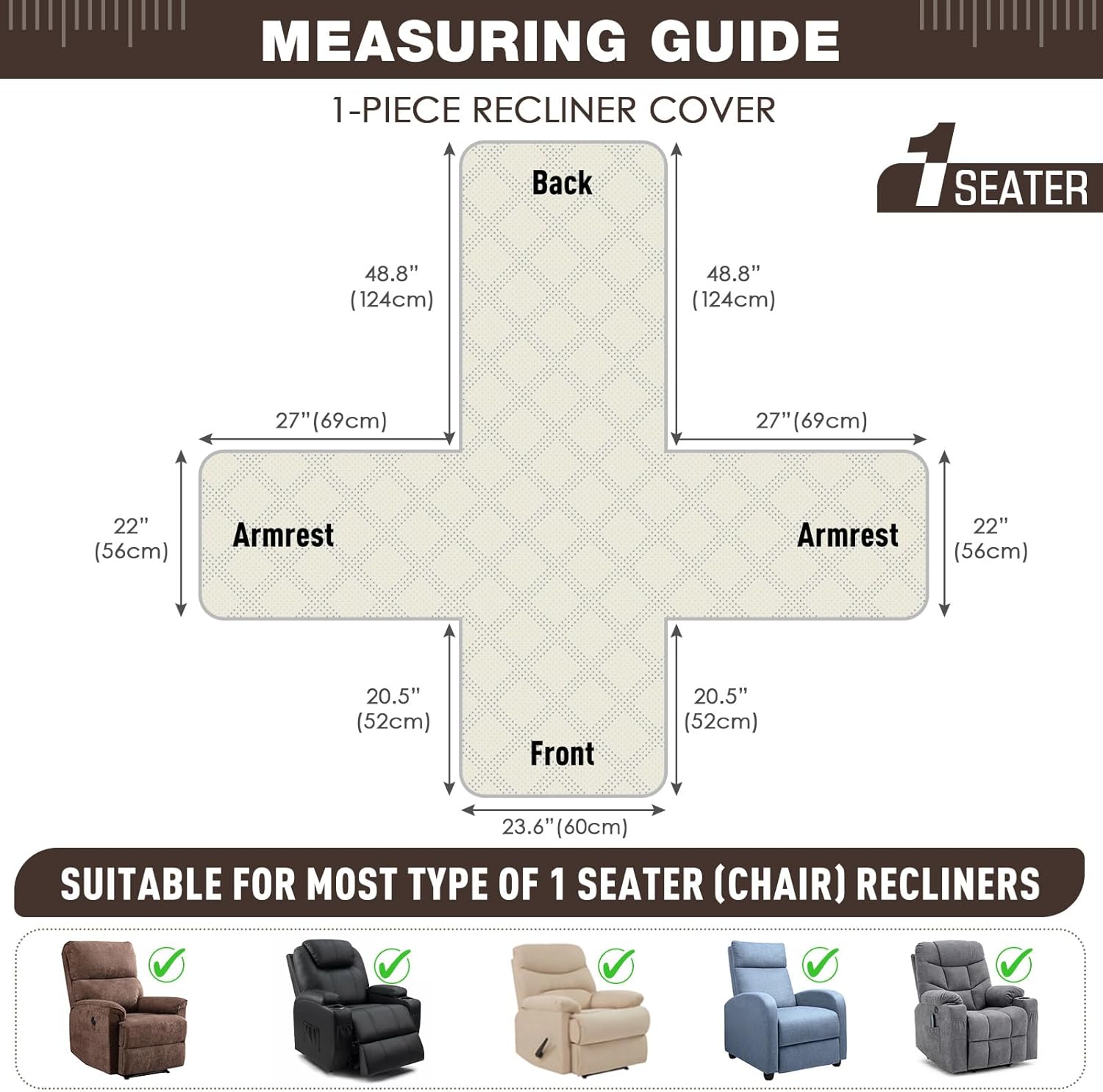 TAOCOCO 100% Waterproof Recliner Chair Cover, Non Slip Covers for Recliner Chair with Pocket, Washable Reclining Chair/Furniture Protector for Kids, Pets(23.6'', Chocolate)