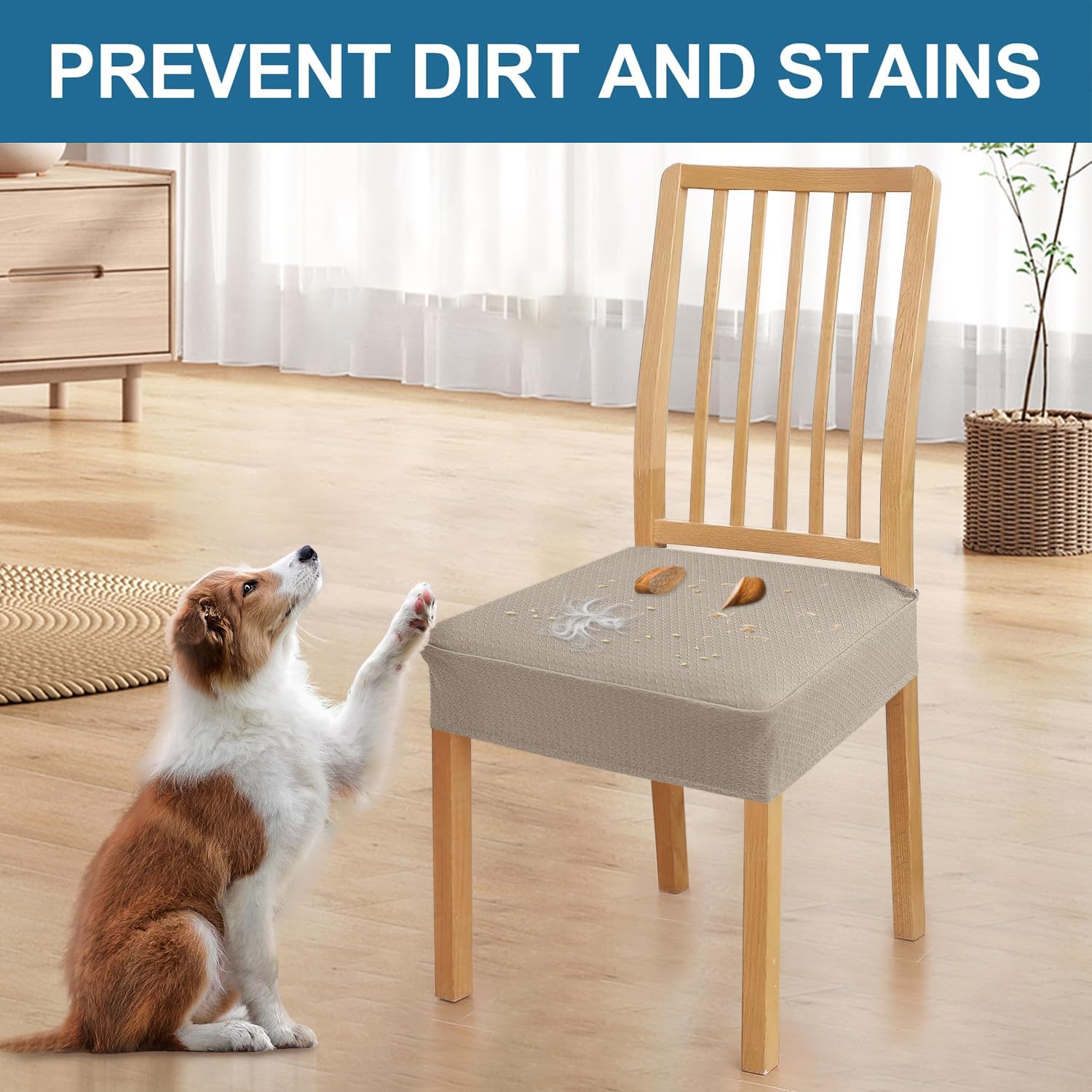 Smiry Waterproof Seat Covers for Dining Room Chairs Set of 4, Stretch Jacquard Removable Washable Chair Seat Slipcovers Protector, No Rear Covers, Beige
