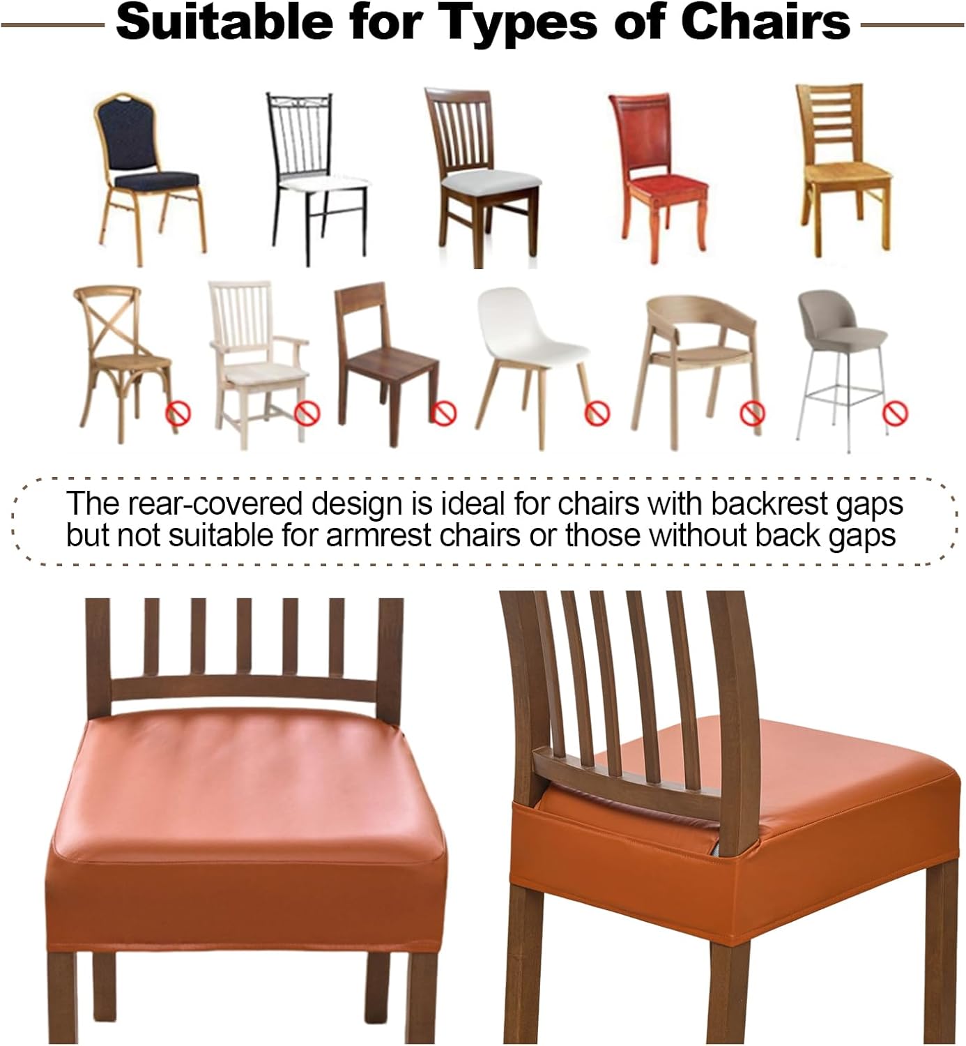 FUANGUI Dining Chair Covers Set of 4, Waterproof PU Leather Stretch Chair Seat Slipcovers Soft Removable Washable Chair Covers, Kitchen Chair Seat Covers Protectors Dining Room, PU-Black