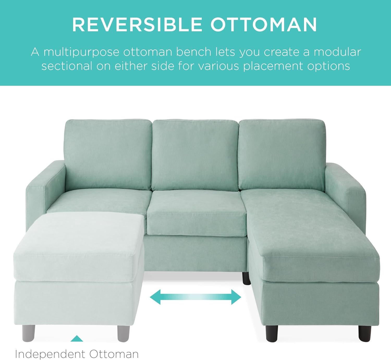 Best Choice Products Upholstered Sectional Sofa for Home, Apartment, Dorm, Bonus Room, Compact Spaces w/Chaise Lounge, 3-Seat, L-Shape Design, Reversible Ottoman Bench, 680lb Capacity - Light Gray