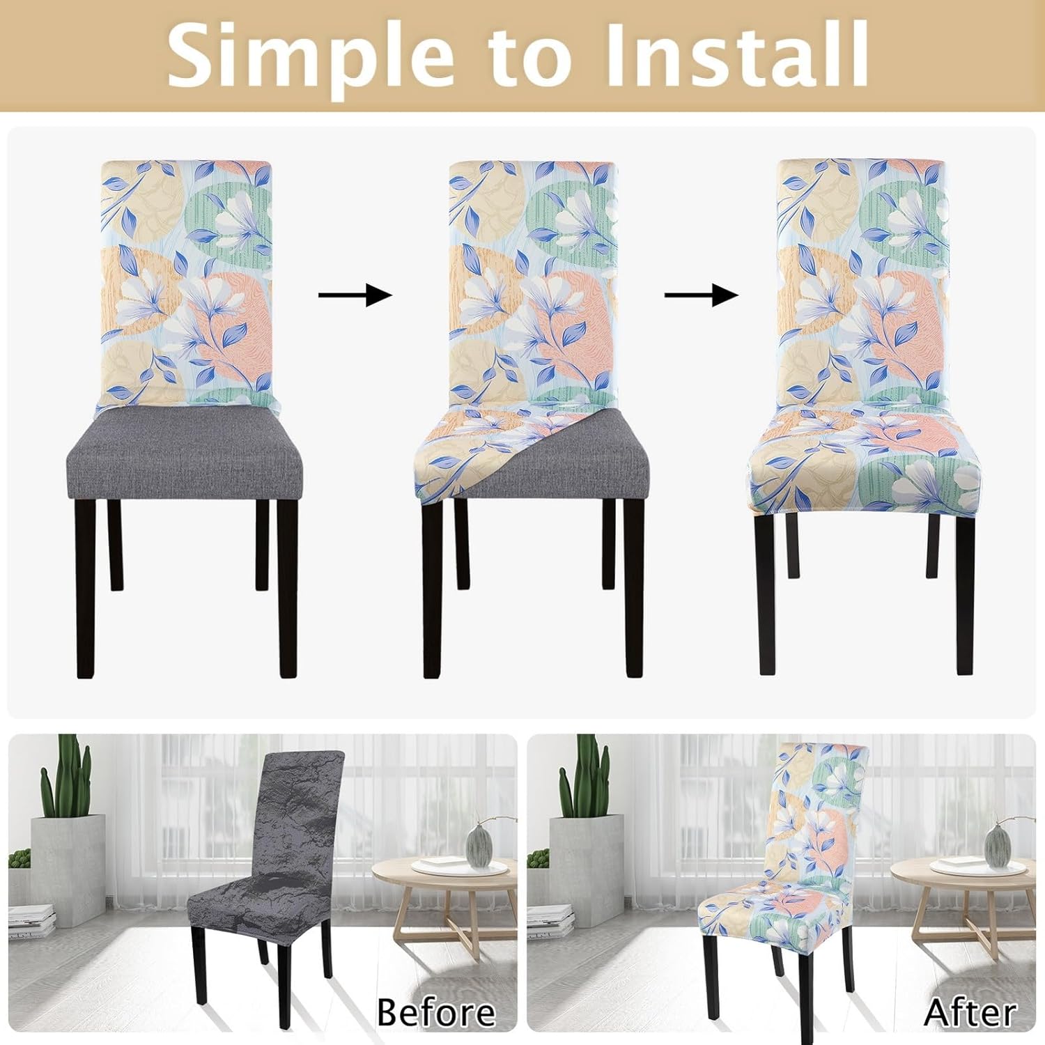 SearchI Chair Covers Slipcovers Set of 4, Spandex Super Fit Stretch Removable Washable Kitchen Parsons Protector for Dining Room,Hotel,Ceremony,Beige+Flowers