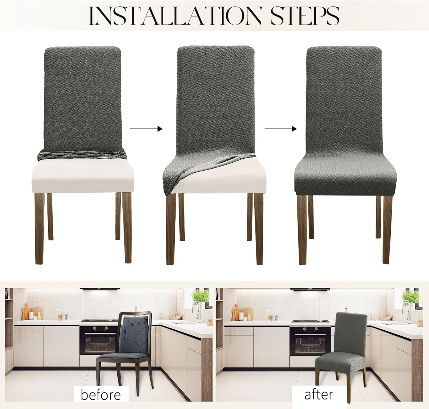 MOSAYT 100% Waterproof Dining Room Chair Covers Set of 4, Super Fit Stretch Jacquard Parson Chairs Slipcovers Removable Washable Chair Seat Protectors for Home, Kitchen, Banquet (Beige)