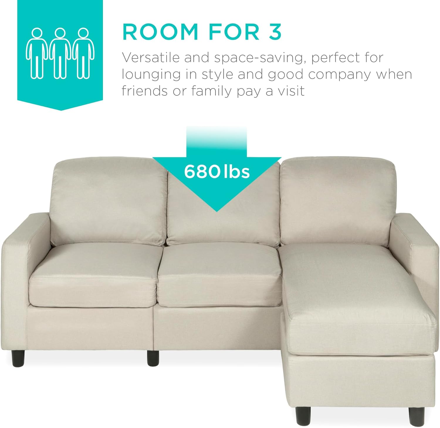 Best Choice Products Upholstered Sectional Sofa for Home, Apartment, Dorm, Bonus Room, Compact Spaces w/Chaise Lounge, 3-Seat, L-Shape Design, Reversible Ottoman Bench, 680lb Capacity - Light Gray