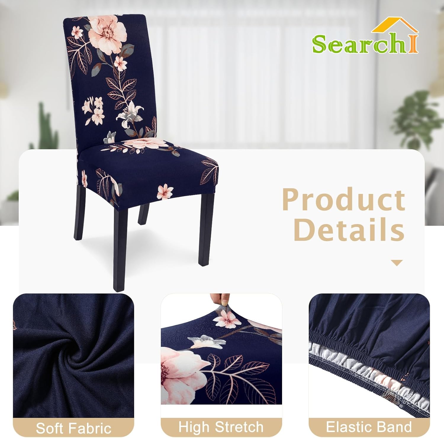 SearchI Chair Covers Slipcovers Set of 4, Spandex Super Fit Stretch Removable Washable Kitchen Parsons Protector for Dining Room,Hotel,Ceremony,Beige+Flowers