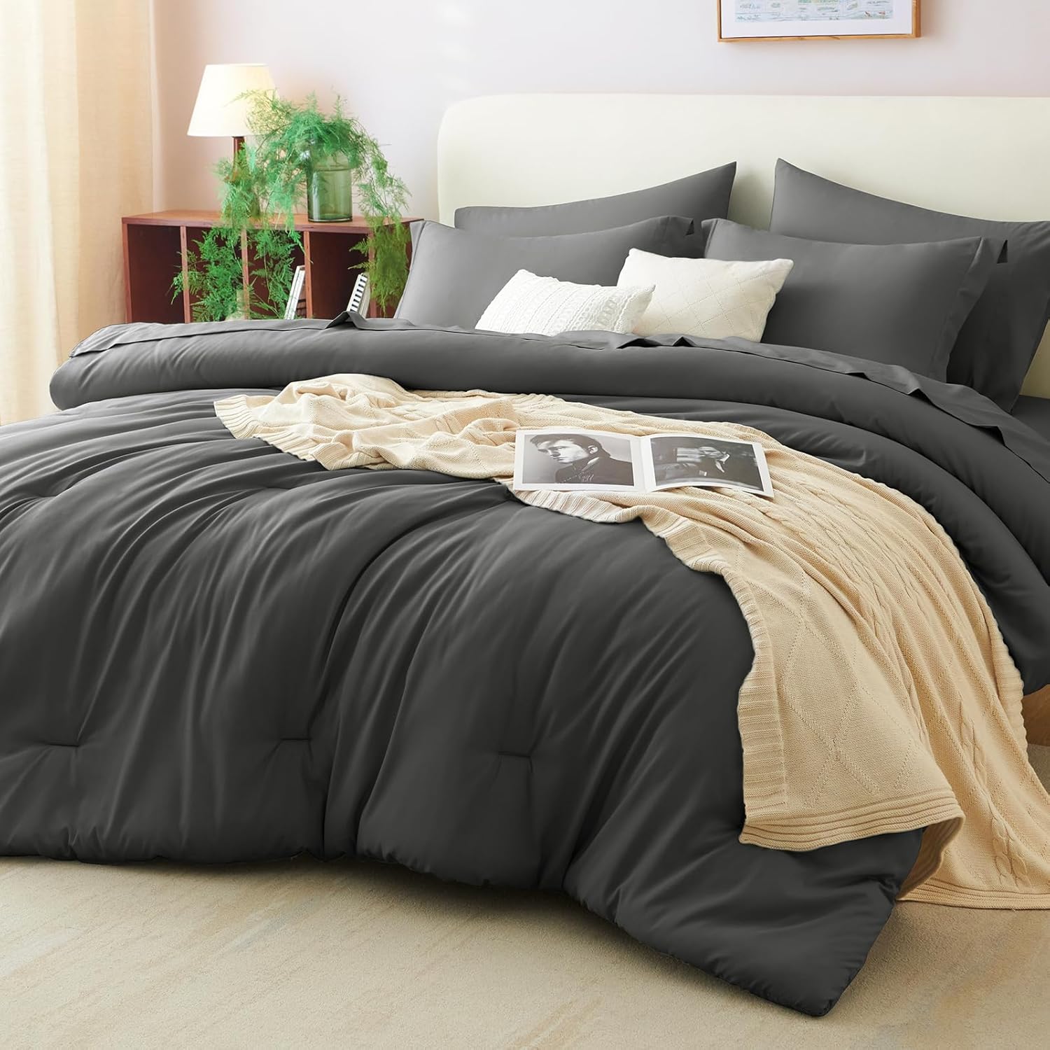 Queen Comforter Set Black, 7 Pieces