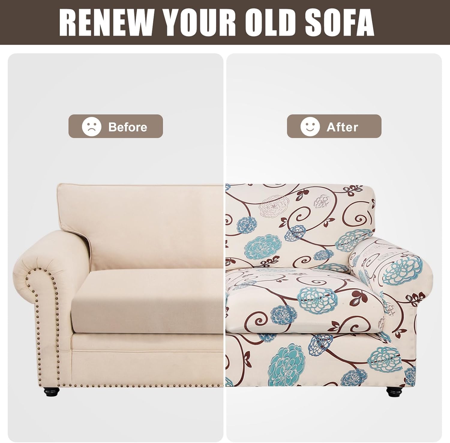 SearchI Stretch Sofa Cover Printed Couch Covers, Floral Pattern 2 Piece Armchair Slipcover with Separate Chair Cushion Cover, Washable Furniture Protector for Living Room(Armchair, Ball Flower)