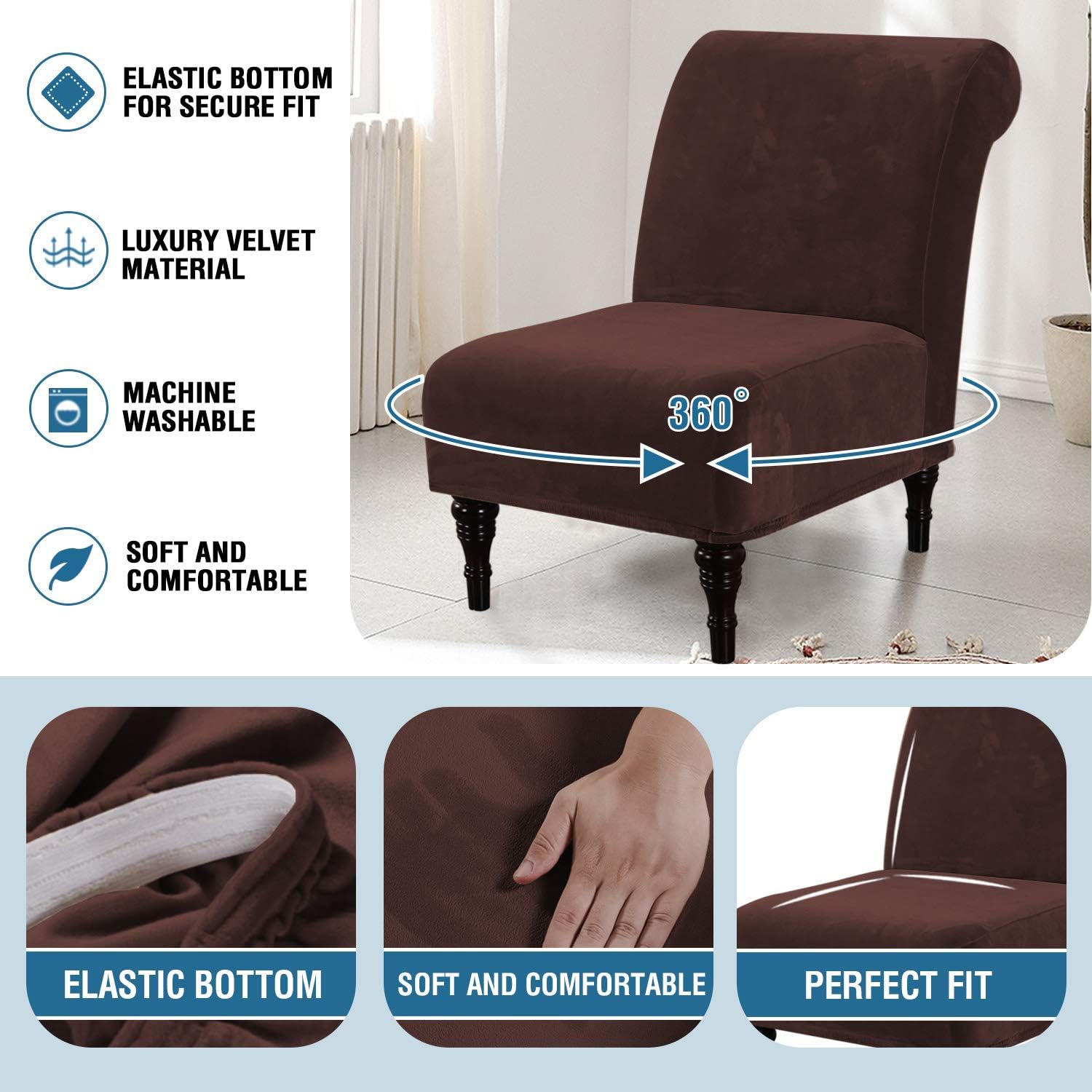 H.VERSAILTEX Armless Accent Chair Covers Thick Velvet Armless Chair Slipcovers High Stretch Chair Covers for Living Room Hotel Machine Washable Furniture Protector with Elastic Bottom, Ivory