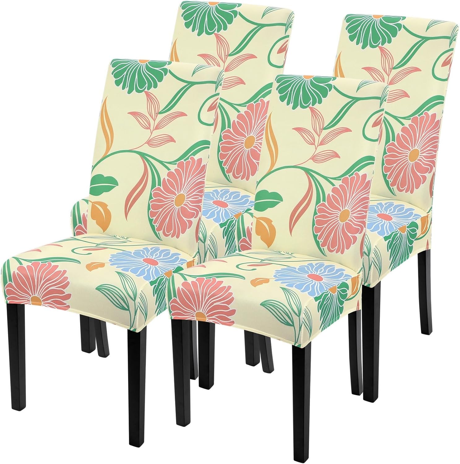 SearchI Chair Covers Slipcovers Set of 4, Spandex Super Fit Stretch Removable Washable Kitchen Parsons Protector for Dining Room,Hotel,Ceremony,Beige+Flowers