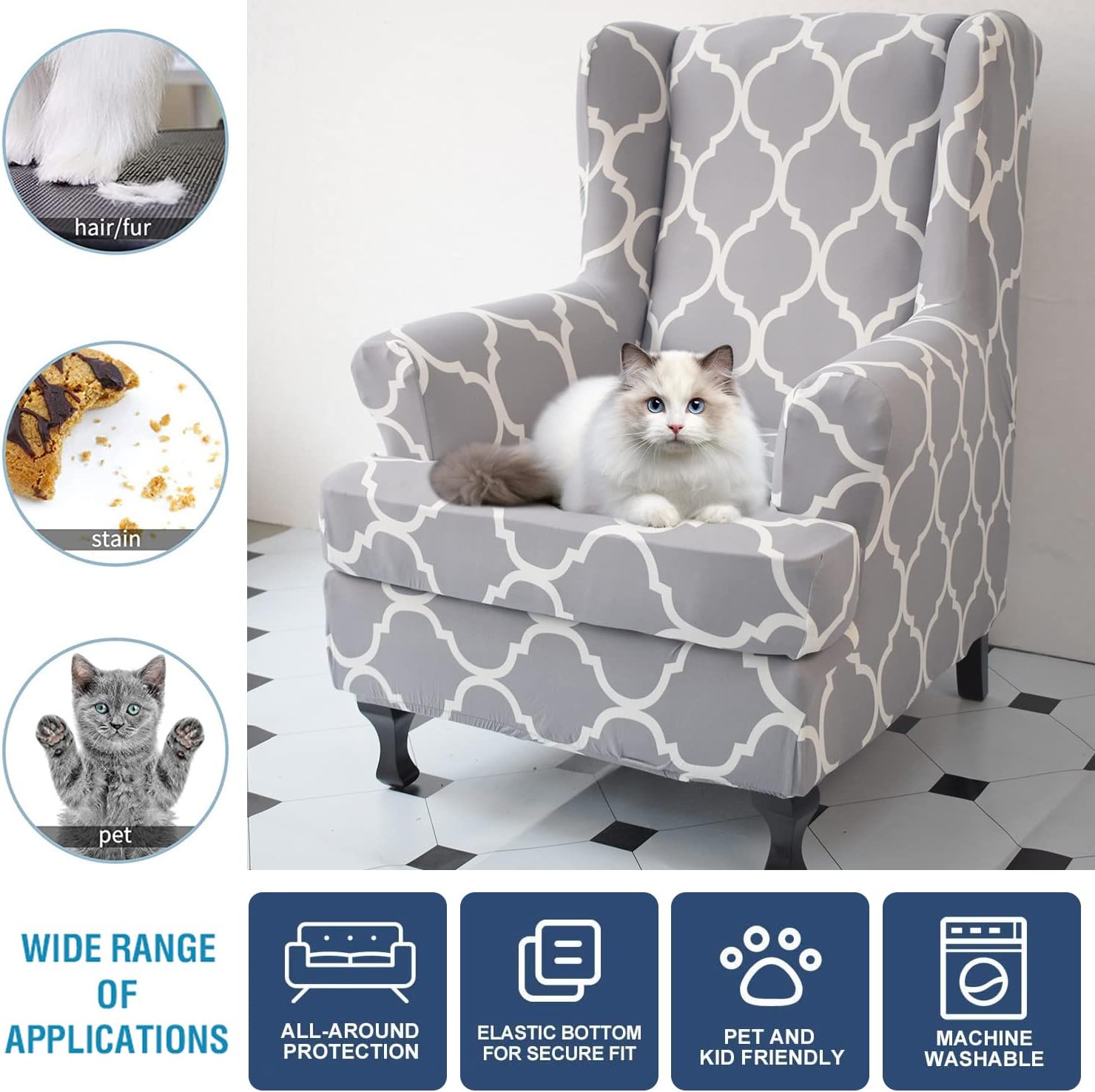 Wing Chair Slipcovers 2 Pieces Stretch Spandex Wingback Chair Covers Sofa Slipcover Printing Wingback Armchair Slipcovers Furniture Protector Couch Soft with Elastic Bottom for Wingback Chairs,12