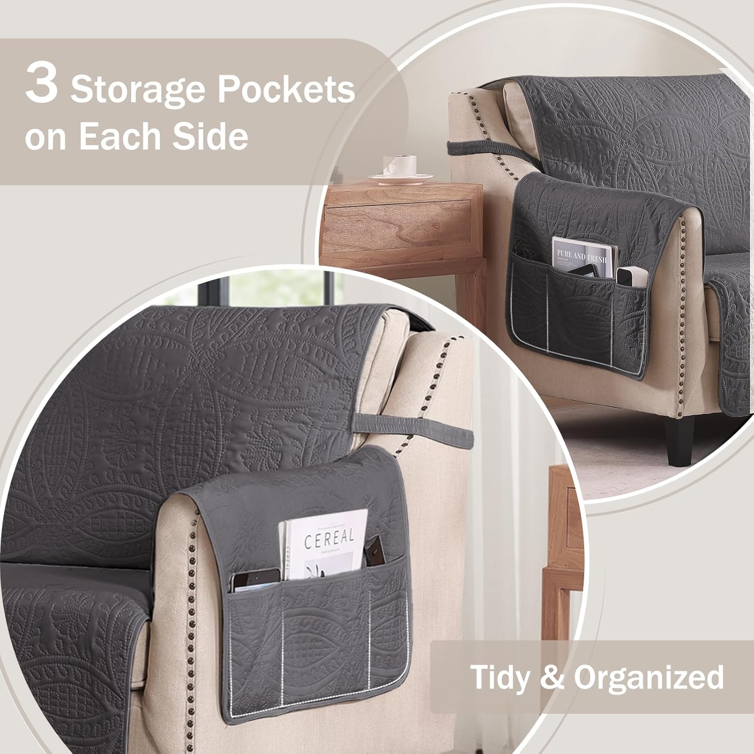 Beige Quilted Recliner Covers, Water-Repellent Recliner Slipcovers, Lazy Boy Chair Covers, Pet Friendly Recliner Cover for Dogs Cats, Washable Furniture Protector (Recliner 22", Beige Cream)