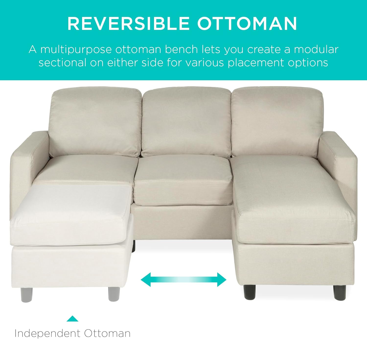 Best Choice Products Upholstered Sectional Sofa for Home, Apartment, Dorm, Bonus Room, Compact Spaces w/Chaise Lounge, 3-Seat, L-Shape Design, Reversible Ottoman Bench, 680lb Capacity - Light Gray