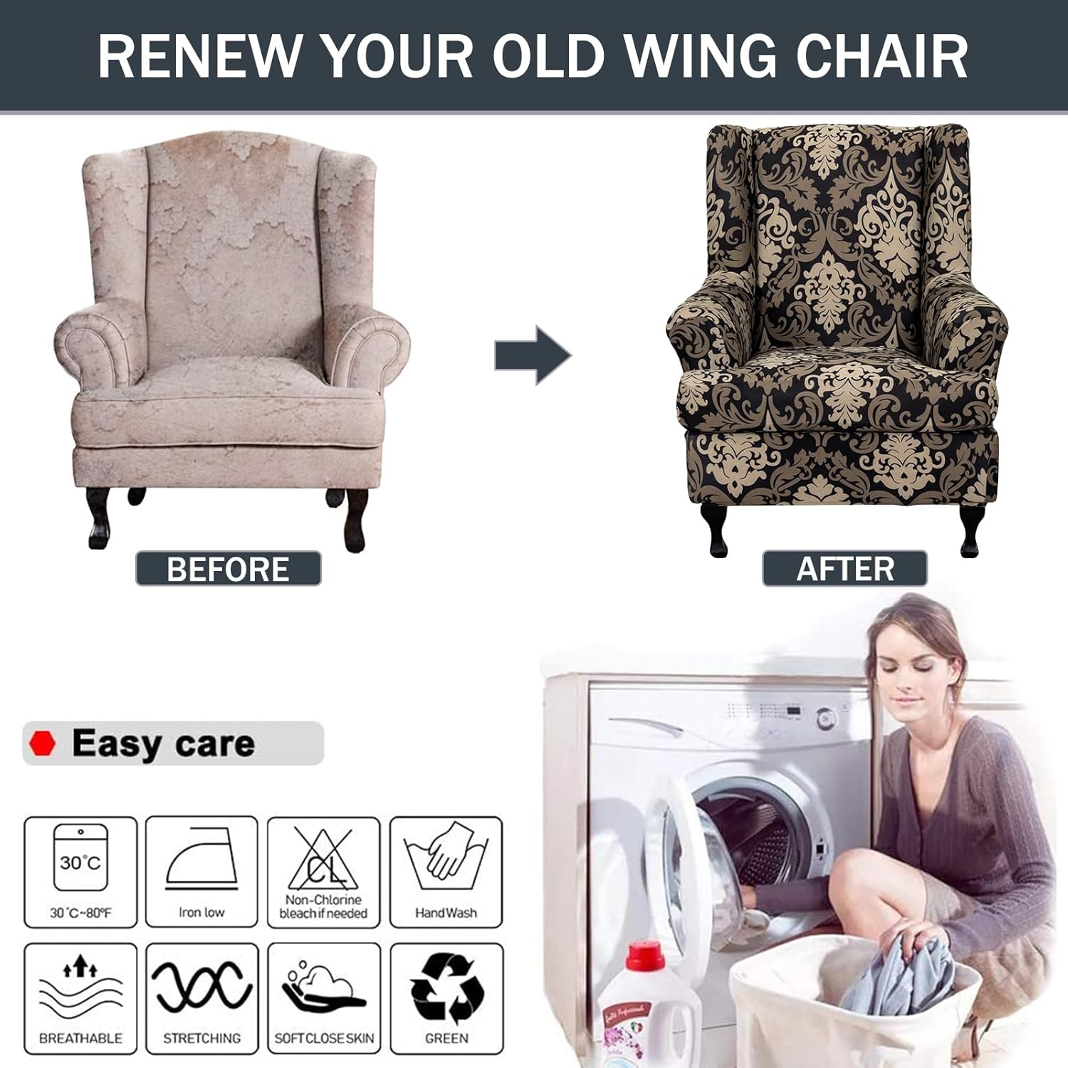 Wing Chair Slipcovers 2 Pieces Stretch Spandex Wingback Chair Covers Sofa Slipcover Printing Wingback Armchair Slipcovers Furniture Protector Couch Soft with Elastic Bottom for Wingback Chairs,12