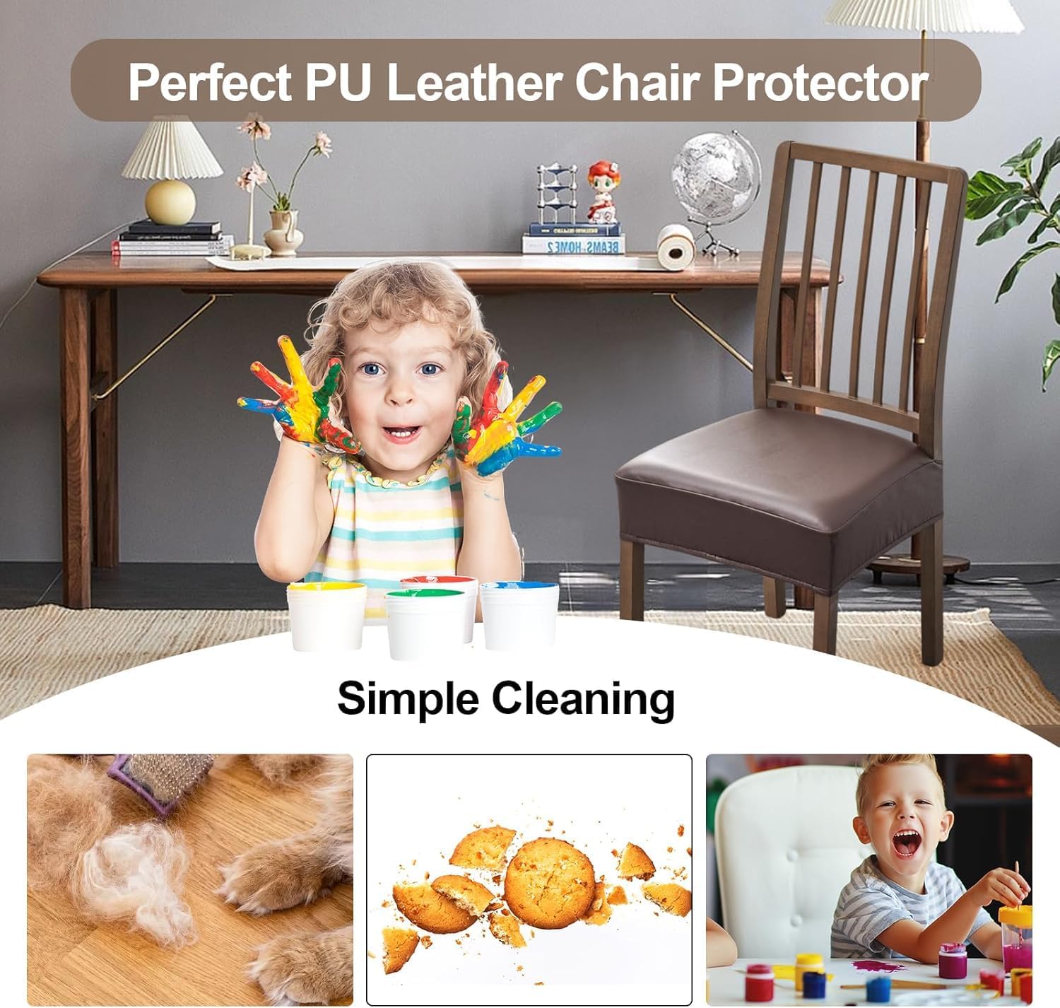 FUANGUI Dining Chair Covers Set of 4, Waterproof PU Leather Stretch Chair Seat Slipcovers Soft Removable Washable Chair Covers, Kitchen Chair Seat Covers Protectors Dining Room, PU-Black