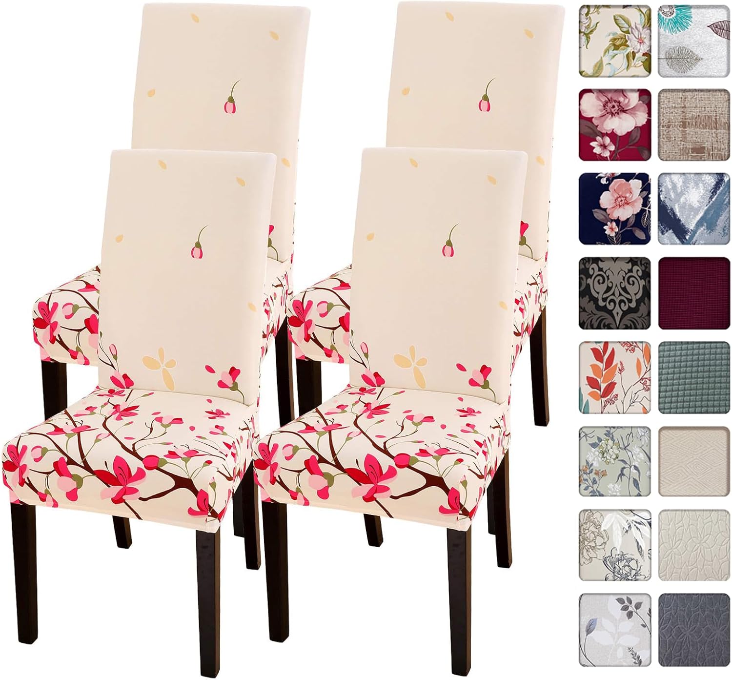SearchI Chair Covers Slipcovers Set of 4, Spandex Super Fit Stretch Removable Washable Kitchen Parsons Protector for Dining Room,Hotel,Ceremony,Beige+Flowers