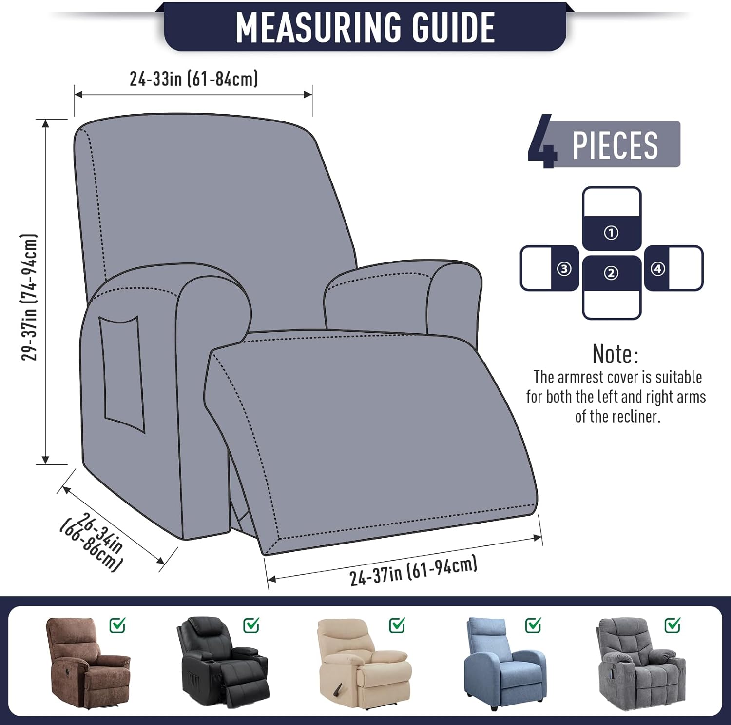 TAOCOCO Recliner Cover 4-Pieces, Recliner Stretch Sofa Slipcover, Recliner Cover 1 Seat, Couch Protector Soft, Furniture Protector Covers with Elastic,Chair Covers Jacquard Pattern (Grey)