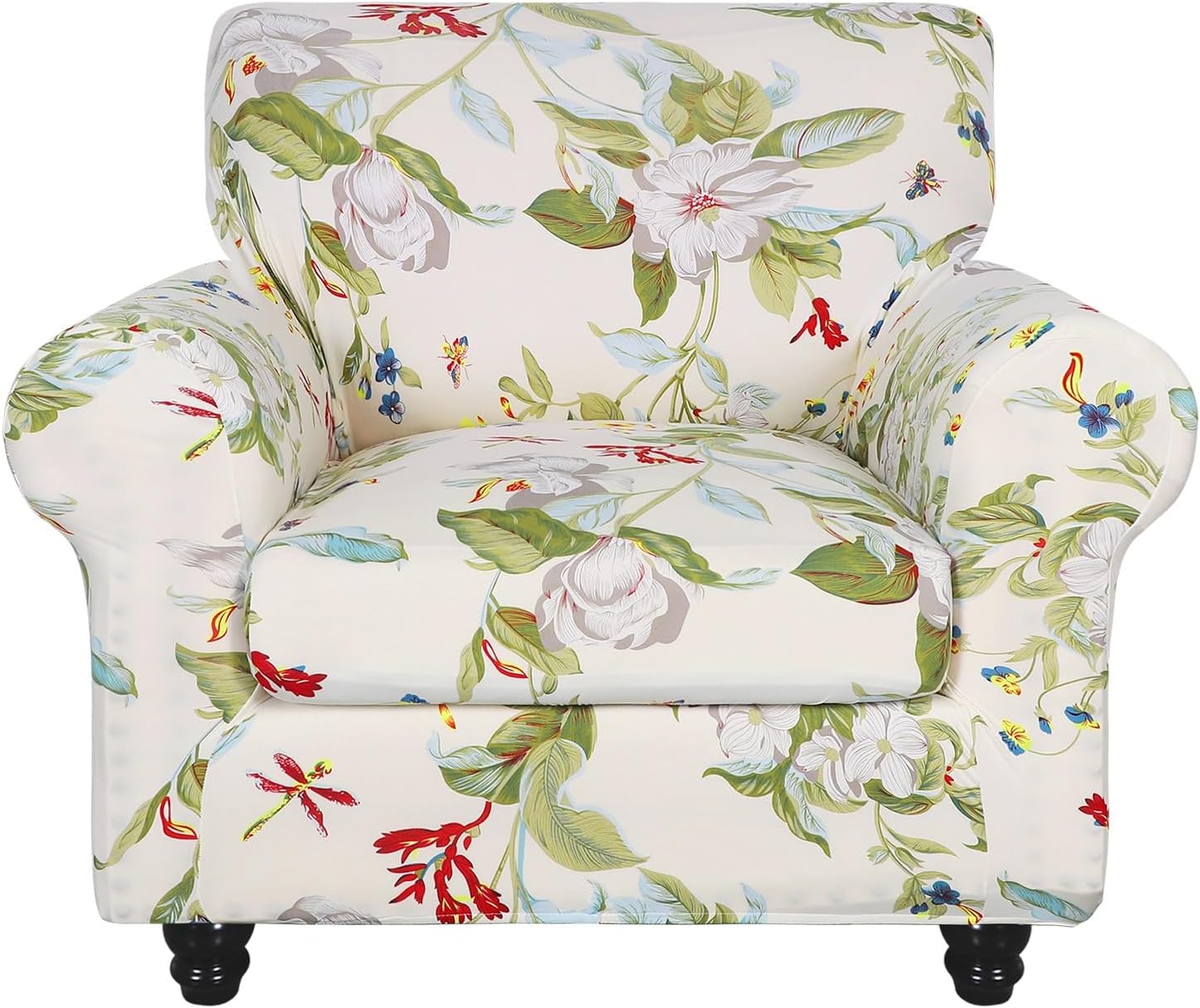 SearchI Stretch Sofa Cover Printed Couch Covers, Floral Pattern 2 Piece Armchair Slipcover with Separate Chair Cushion Cover, Washable Furniture Protector for Living Room(Armchair, Ball Flower)