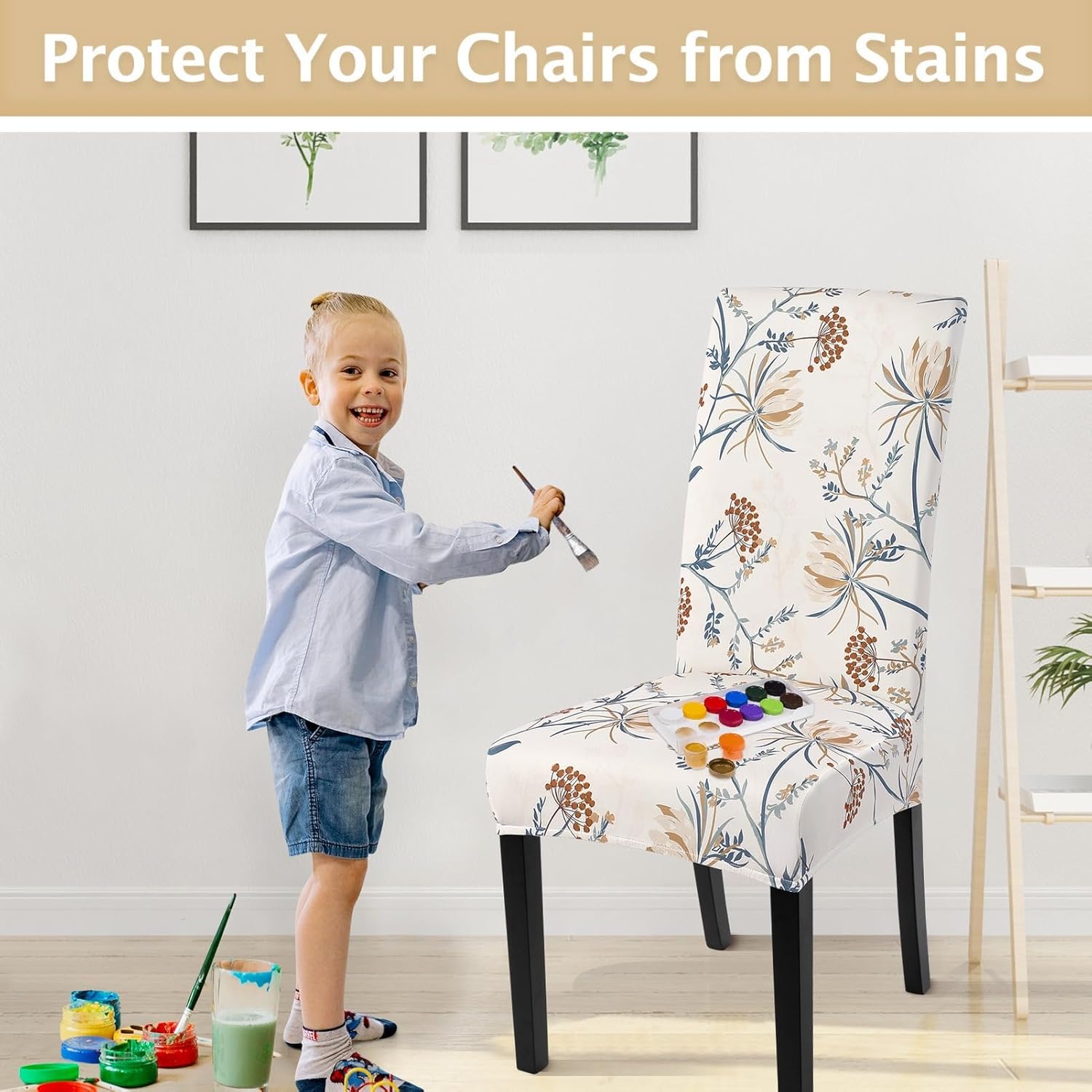 SearchI Chair Covers Slipcovers Set of 4, Spandex Super Fit Stretch Removable Washable Kitchen Parsons Protector for Dining Room,Hotel,Ceremony,Beige+Flowers