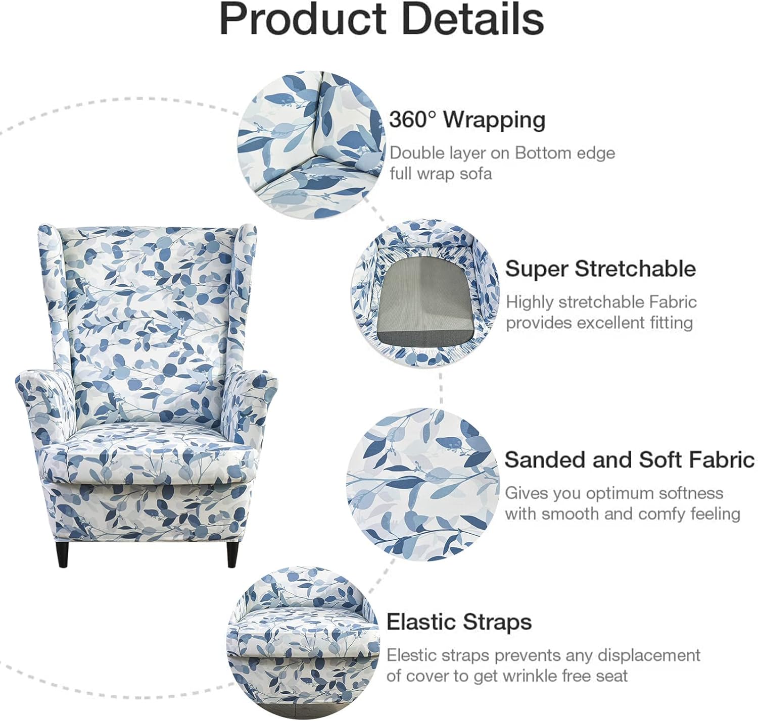 Wing Chair Slipcovers 2 Pieces Stretch Spandex Wingback Chair Covers Sofa Slipcover Printing Wingback Armchair Slipcovers Furniture Protector Couch Soft with Elastic Bottom for Wingback Chairs,12