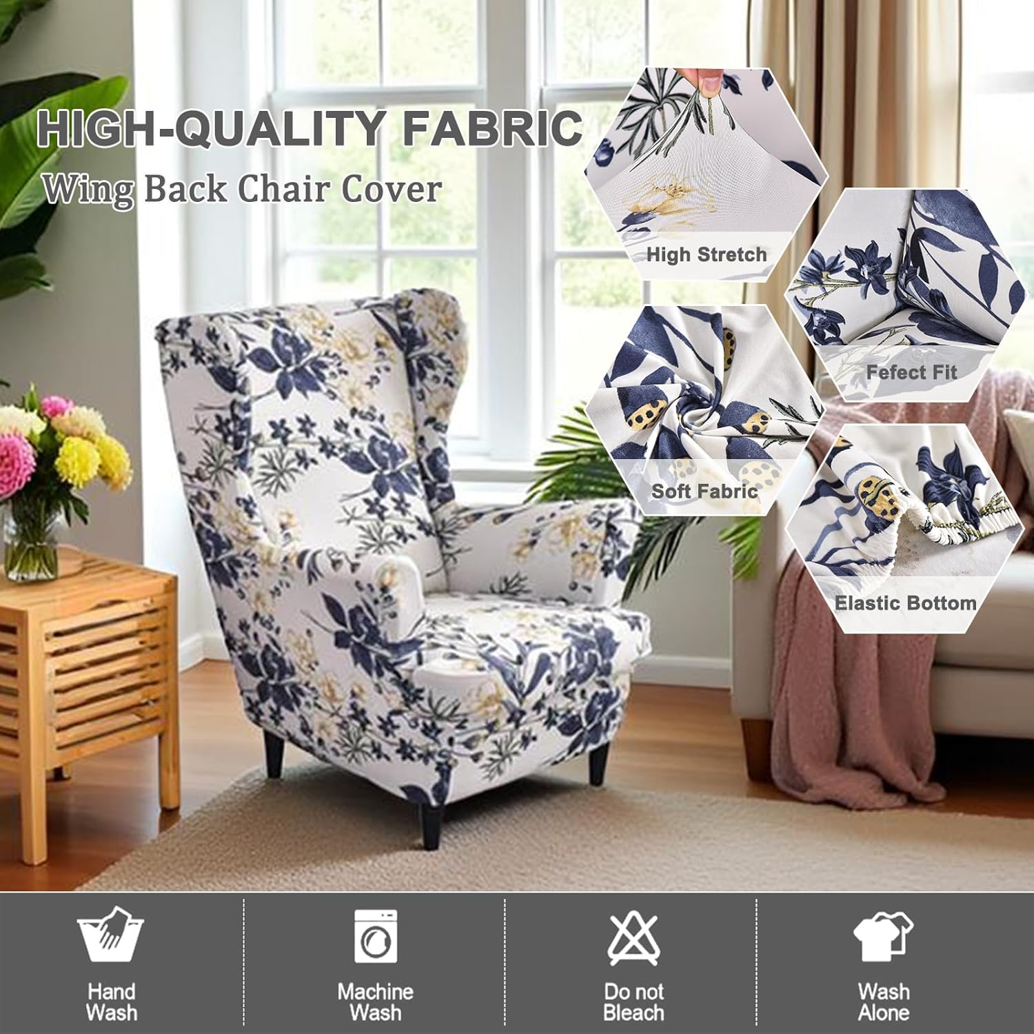 Wing Chair Slipcovers 2 Pieces Stretch Spandex Wingback Chair Covers Sofa Slipcover Printing Wingback Armchair Slipcovers Furniture Protector Couch Soft with Elastic Bottom for Wingback Chairs,12