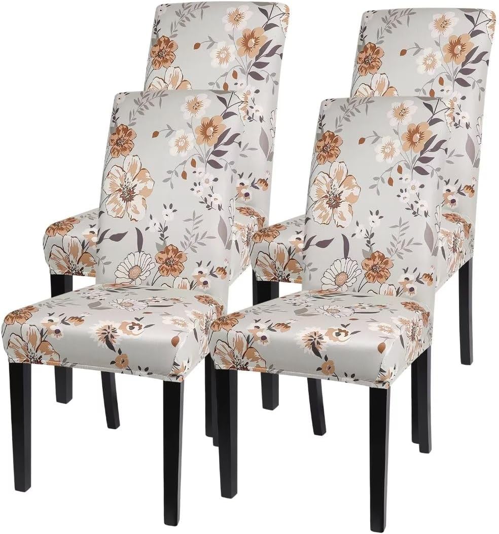 SearchI Chair Covers Slipcovers Set of 4, Spandex Super Fit Stretch Removable Washable Kitchen Parsons Protector for Dining Room,Hotel,Ceremony,Beige+Flowers