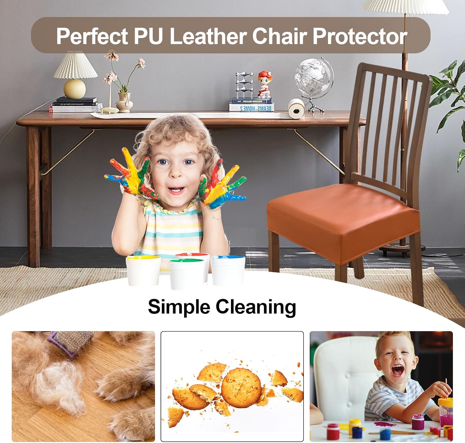 FUANGUI Dining Chair Covers Set of 4, Waterproof PU Leather Stretch Chair Seat Slipcovers Soft Removable Washable Chair Covers, Kitchen Chair Seat Covers Protectors Dining Room, PU-Black