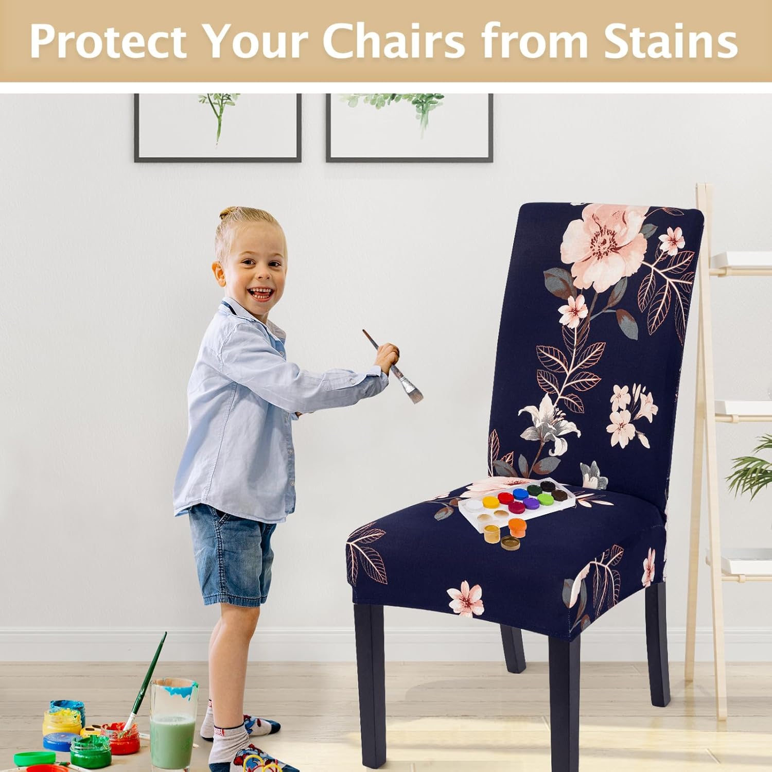 SearchI Chair Covers Slipcovers Set of 4, Spandex Super Fit Stretch Removable Washable Kitchen Parsons Protector for Dining Room,Hotel,Ceremony,Beige+Flowers