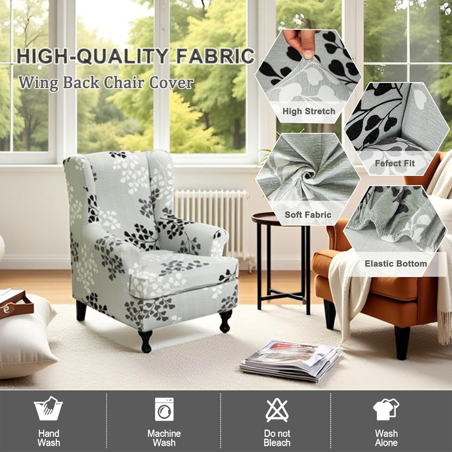 Wing Chair Slipcovers 2 Pieces Stretch Spandex Wingback Chair Covers Sofa Slipcover Printing Wingback Armchair Slipcovers Furniture Protector Couch Soft with Elastic Bottom for Wingback Chairs,12