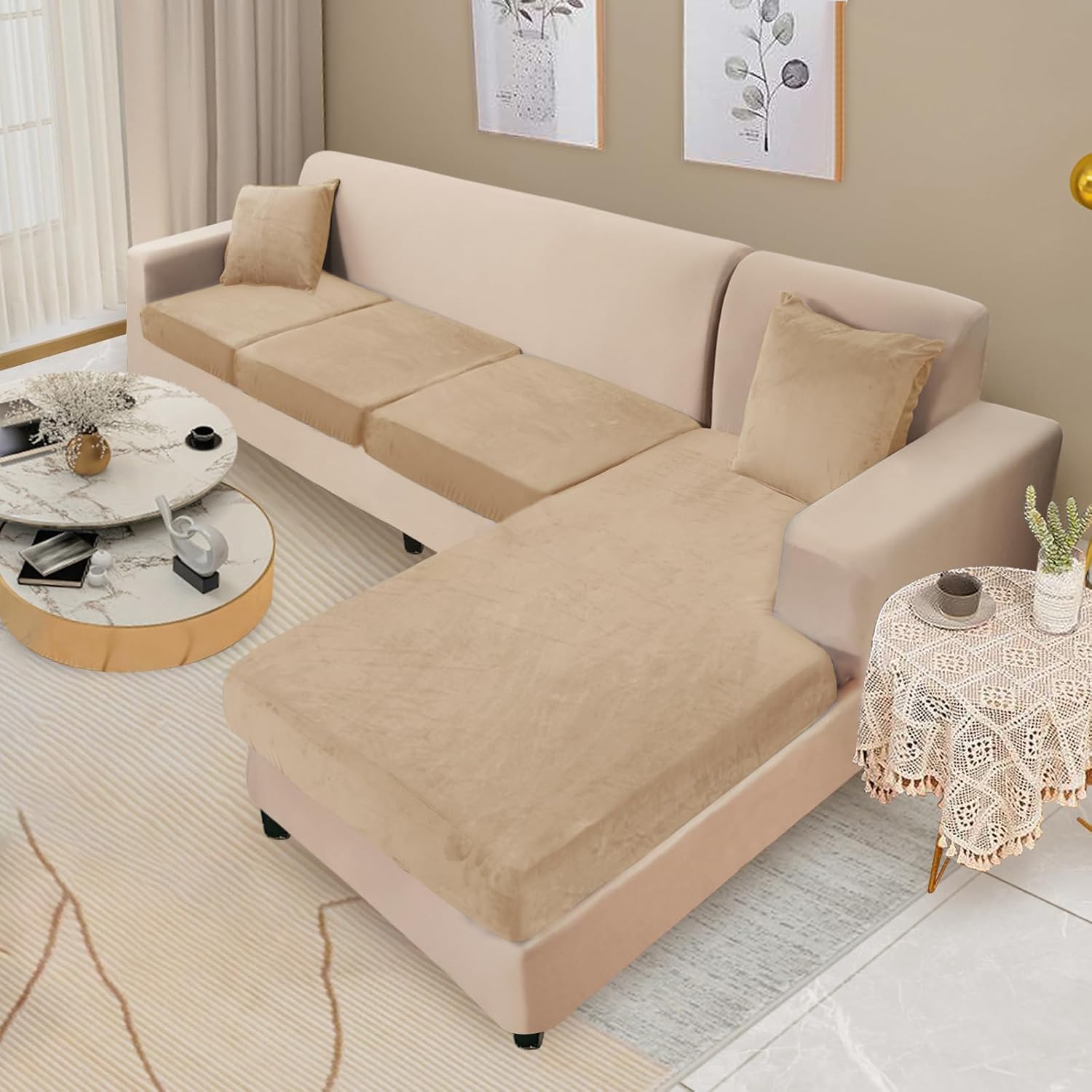 NAISI Sectional Couch Cover 4 Pieces Velvet Separate Couch Cushion Covers L Shape Soft Stretch Sofa Slipcovers with 2pcs Pillowcases for Left/Right Chaise Sectional Couch(3 Seater+1 Chaise,Dark Grey)