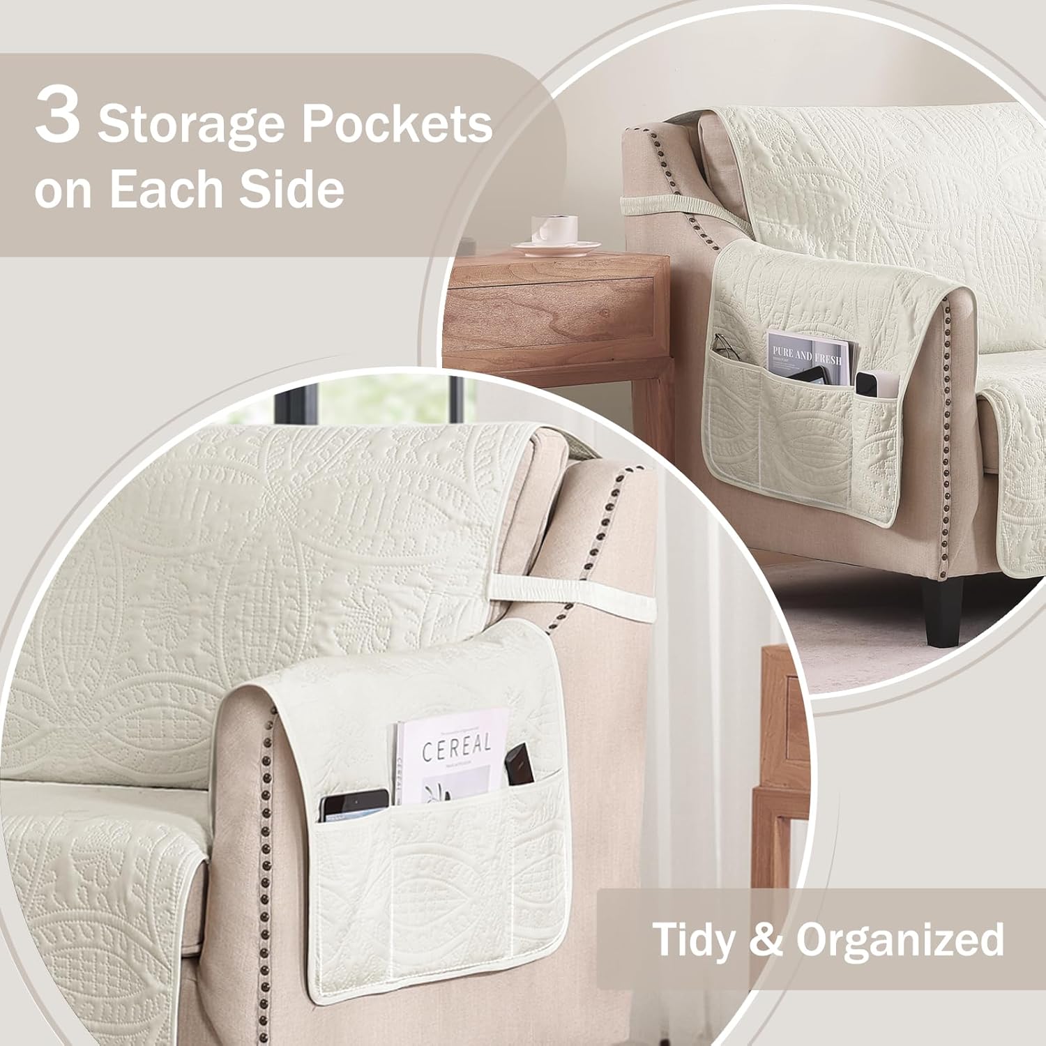 Beige Quilted Recliner Covers, Water-Repellent Recliner Slipcovers, Lazy Boy Chair Covers, Pet Friendly Recliner Cover for Dogs Cats, Washable Furniture Protector (Recliner 22", Beige Cream)