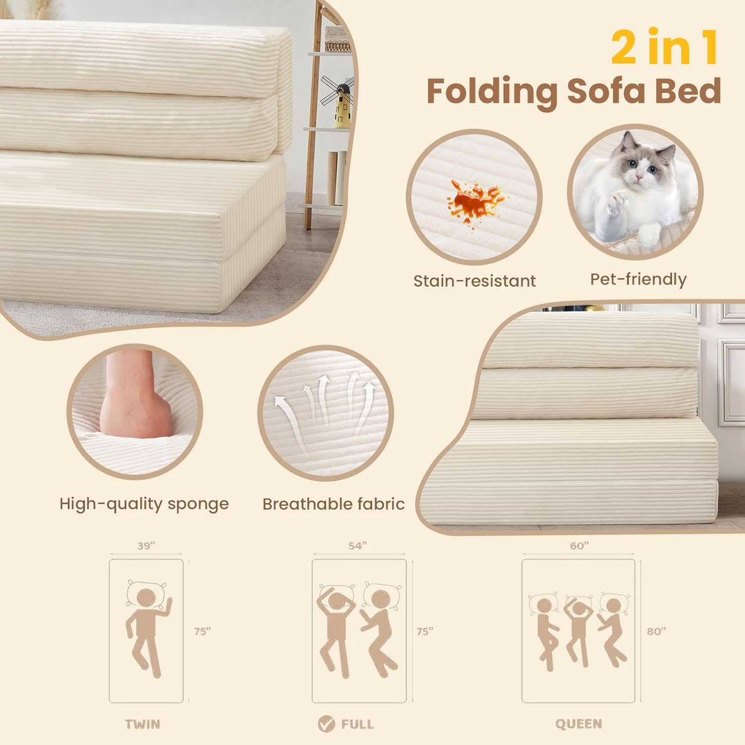 Folding Sofa Bed, Convertible Sleeper Chair with Pilow Foldable Matress, 2 in 1 Pull Out Loveseat Sofa Portable Fold Out Chair Bed Comfy Floor Couch Lounge for Living Room Bedroom