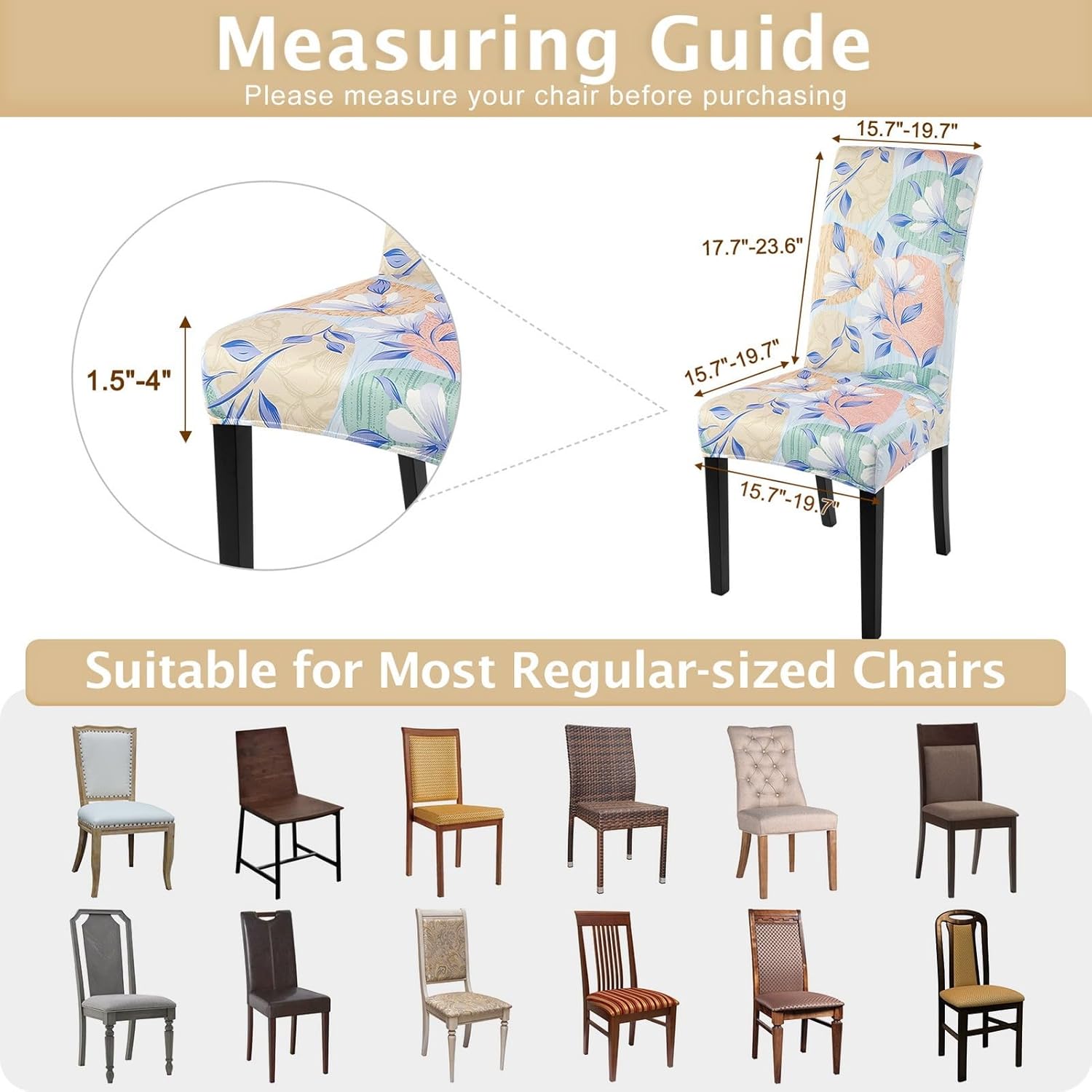 SearchI Chair Covers Slipcovers Set of 4, Spandex Super Fit Stretch Removable Washable Kitchen Parsons Protector for Dining Room,Hotel,Ceremony,Beige+Flowers