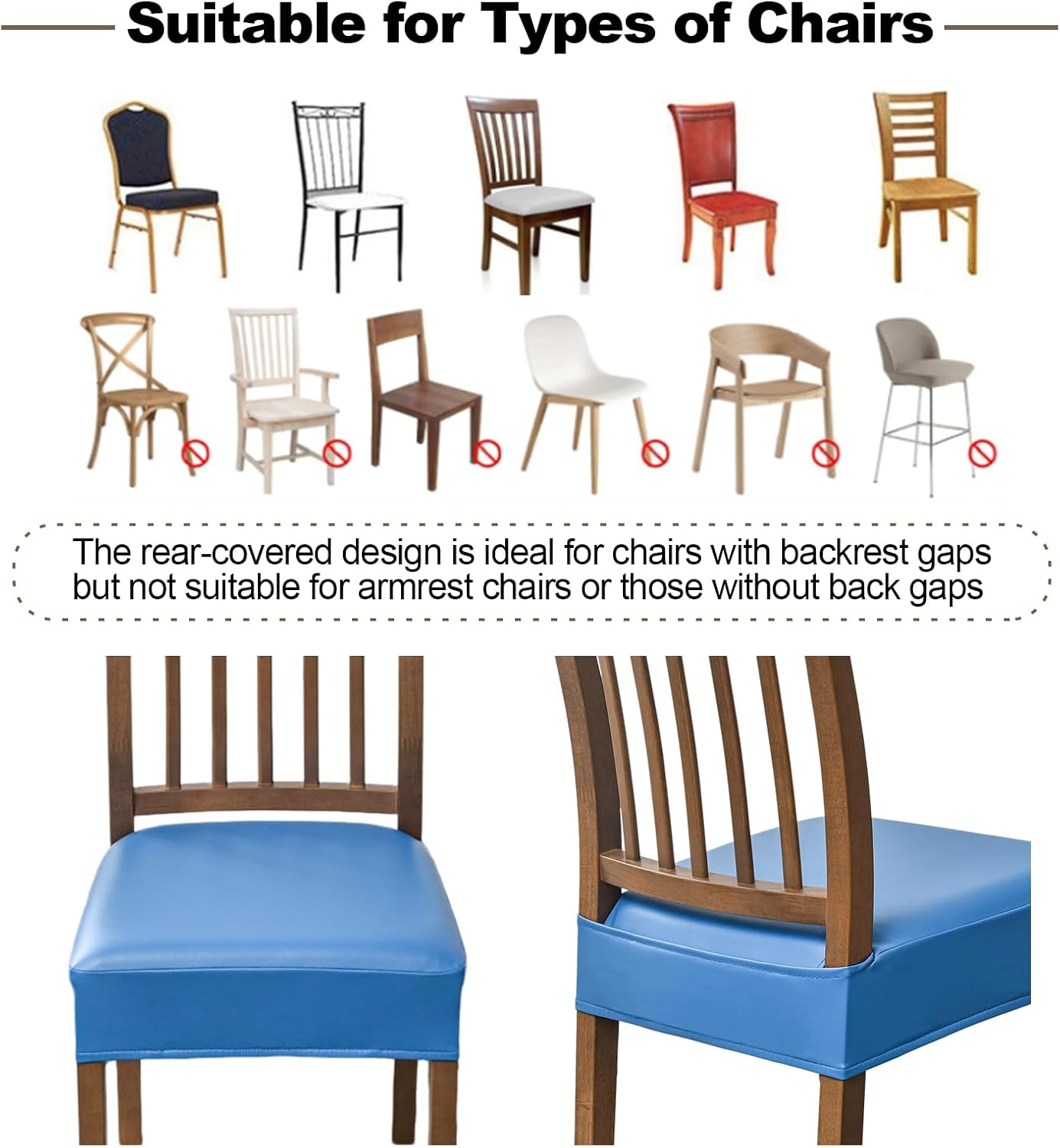 FUANGUI Dining Chair Covers Set of 4, Waterproof PU Leather Stretch Chair Seat Slipcovers Soft Removable Washable Chair Covers, Kitchen Chair Seat Covers Protectors Dining Room, PU-Black