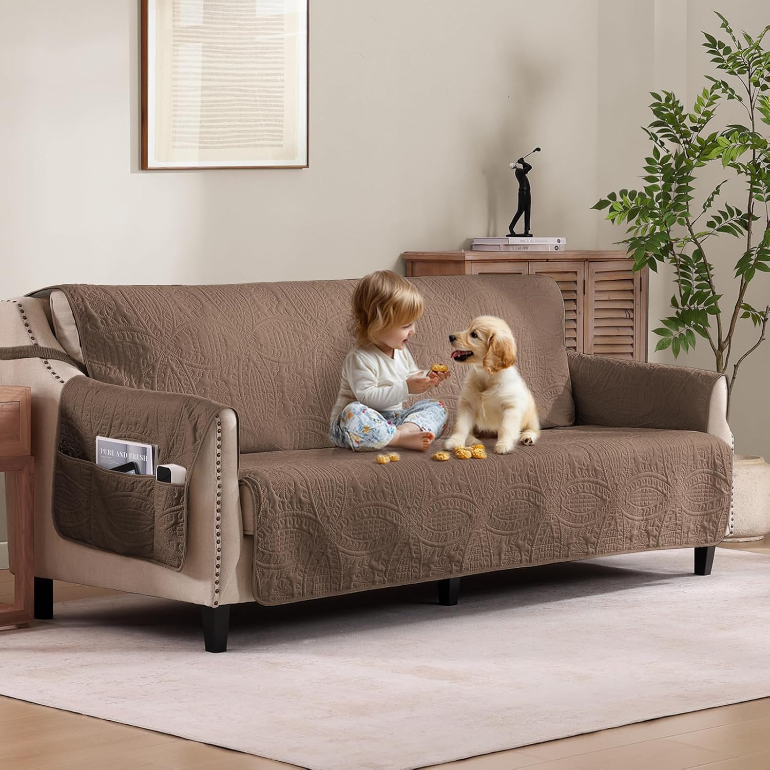 Beige Quilted Recliner Covers, Water-Repellent Recliner Slipcovers, Lazy Boy Chair Covers, Pet Friendly Recliner Cover for Dogs Cats, Washable Furniture Protector (Recliner 22", Beige Cream)