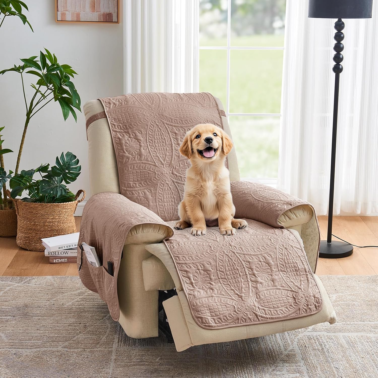 Beige Quilted Recliner Covers, Water-Repellent Recliner Slipcovers, Lazy Boy Chair Covers, Pet Friendly Recliner Cover for Dogs Cats, Washable Furniture Protector (Recliner 22", Beige Cream)