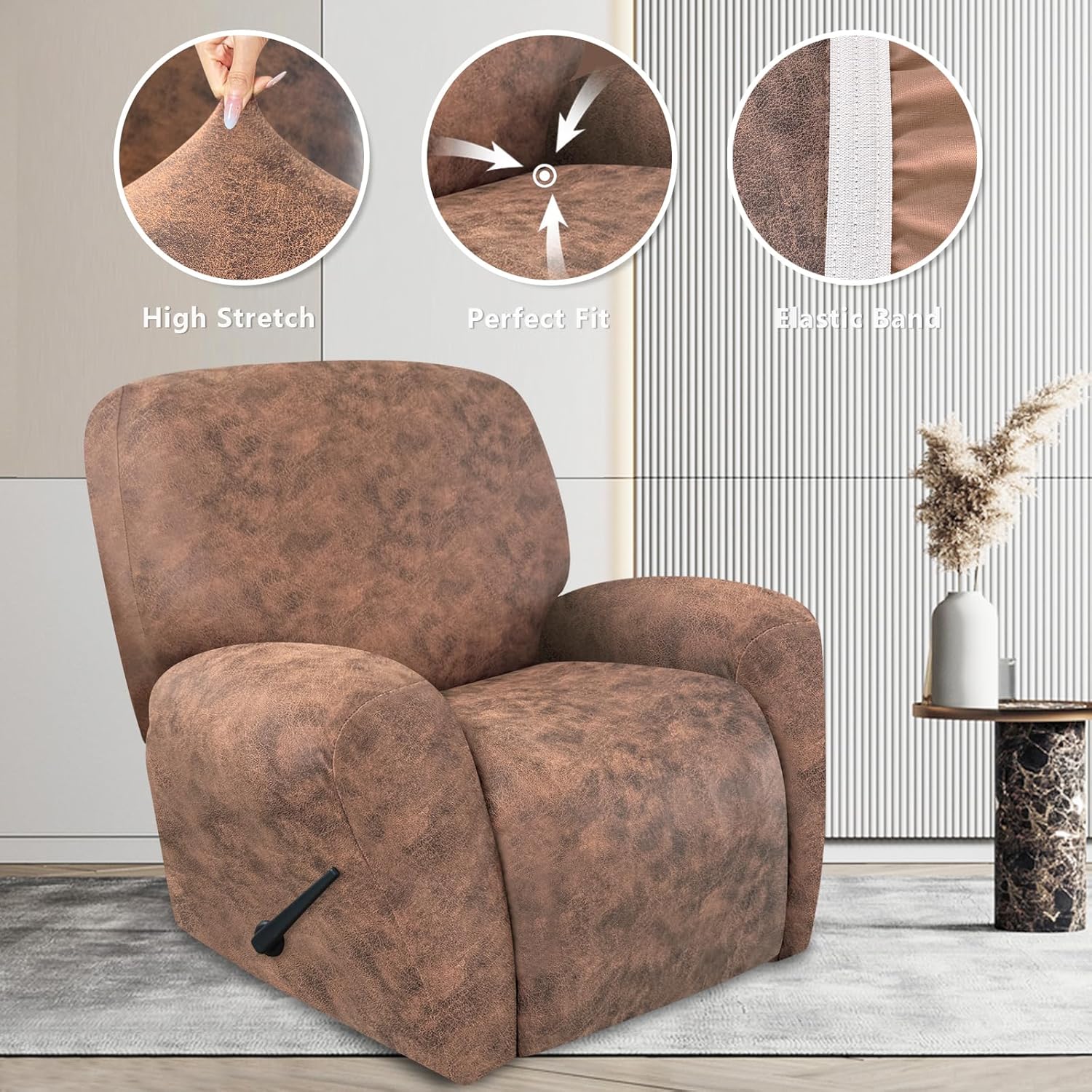 Leather Like Recliner Chair Covers Heavy Duty, 4 Pieces Lazy Boy Recliner Cover for Recliner Chair, Leather Cover for Recliner slipcovers Washable for Pets (Dark Brown)