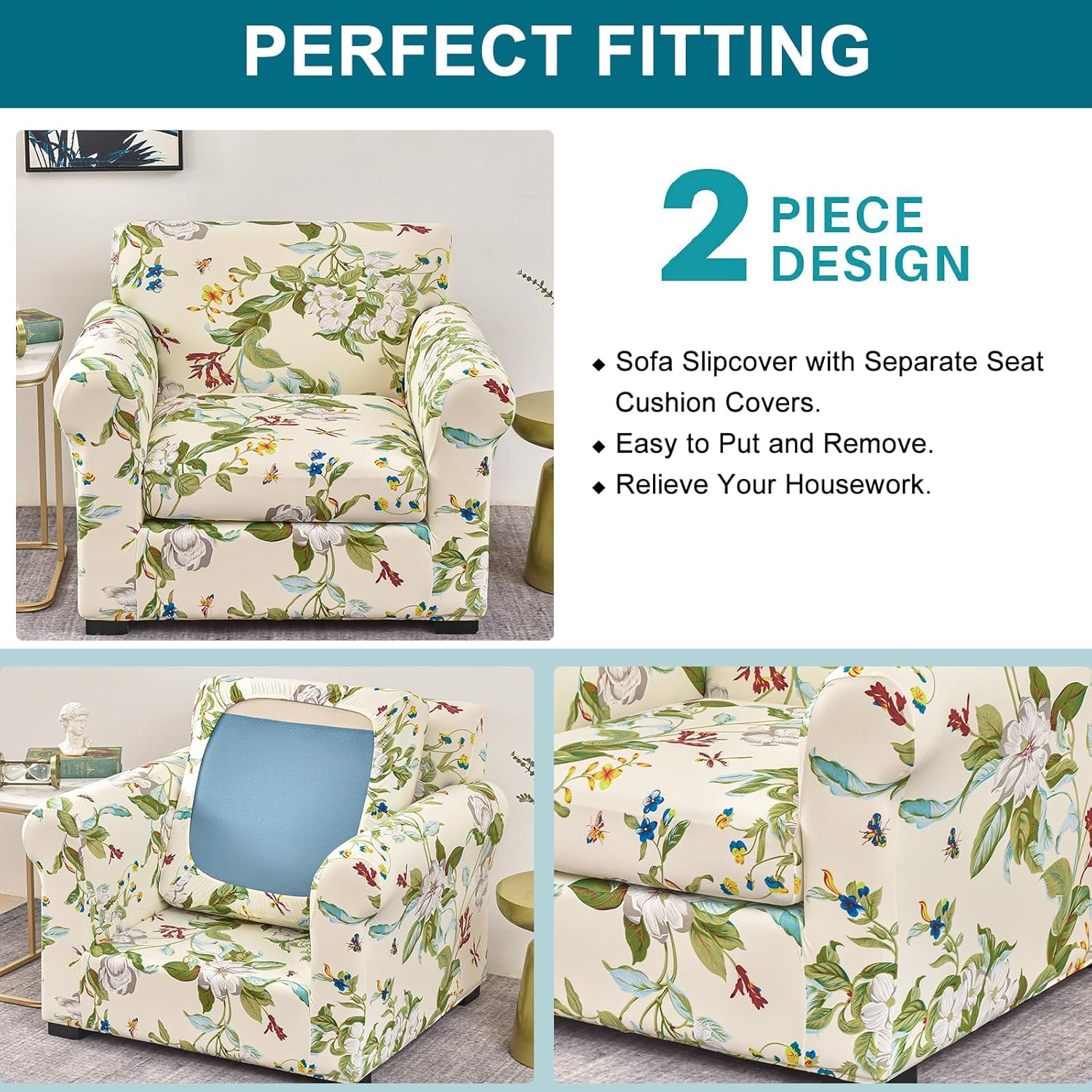 KRFOONN 2 Piece Chair Covers Printed Sofa Covers Couch Covers Washable Armchair Sofa Couch Slipcover Furniture Protector with Elastic Bottom for Living Room (Armchair, 23), Small