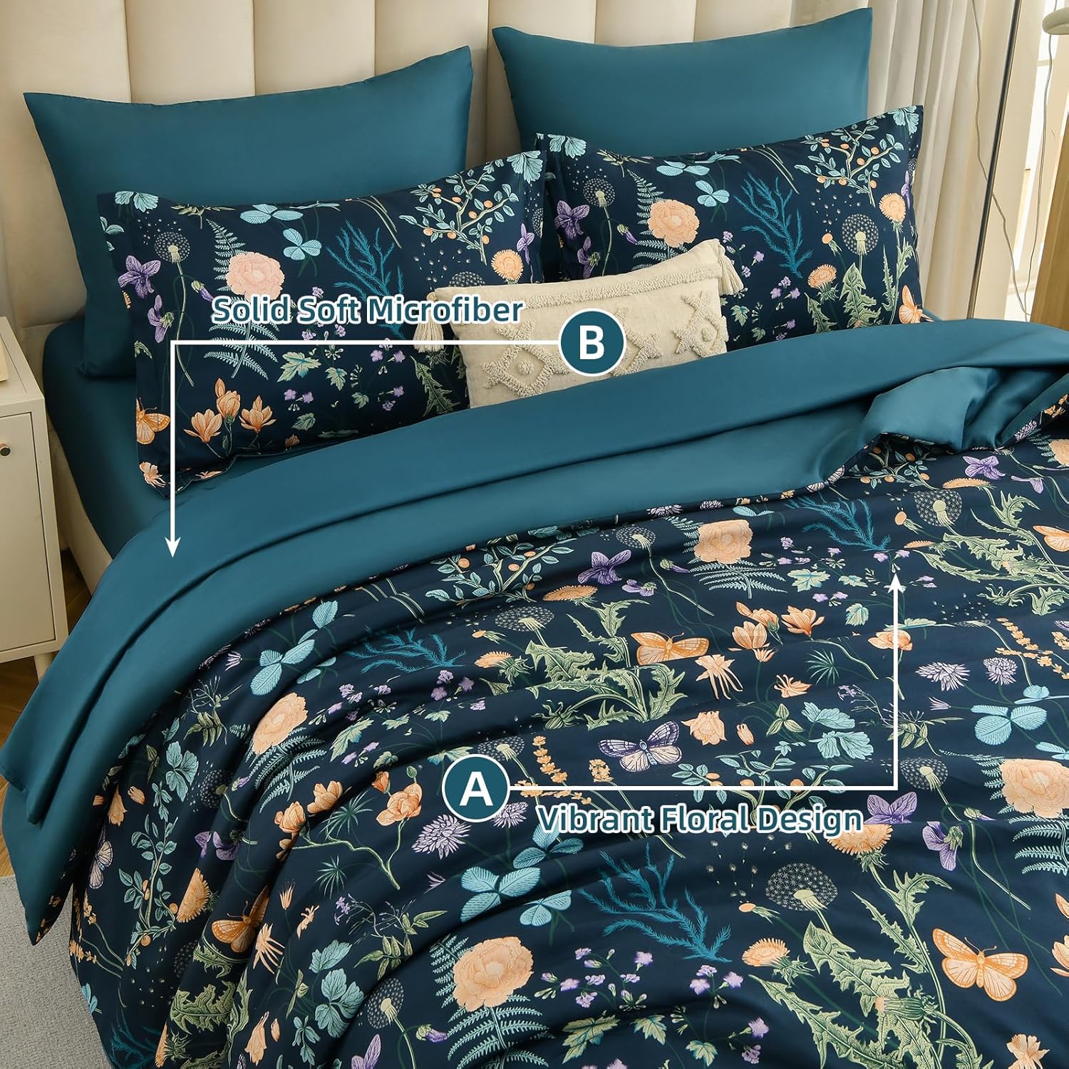 7 Piece Peacock Blue Floral Comforter Set King Size