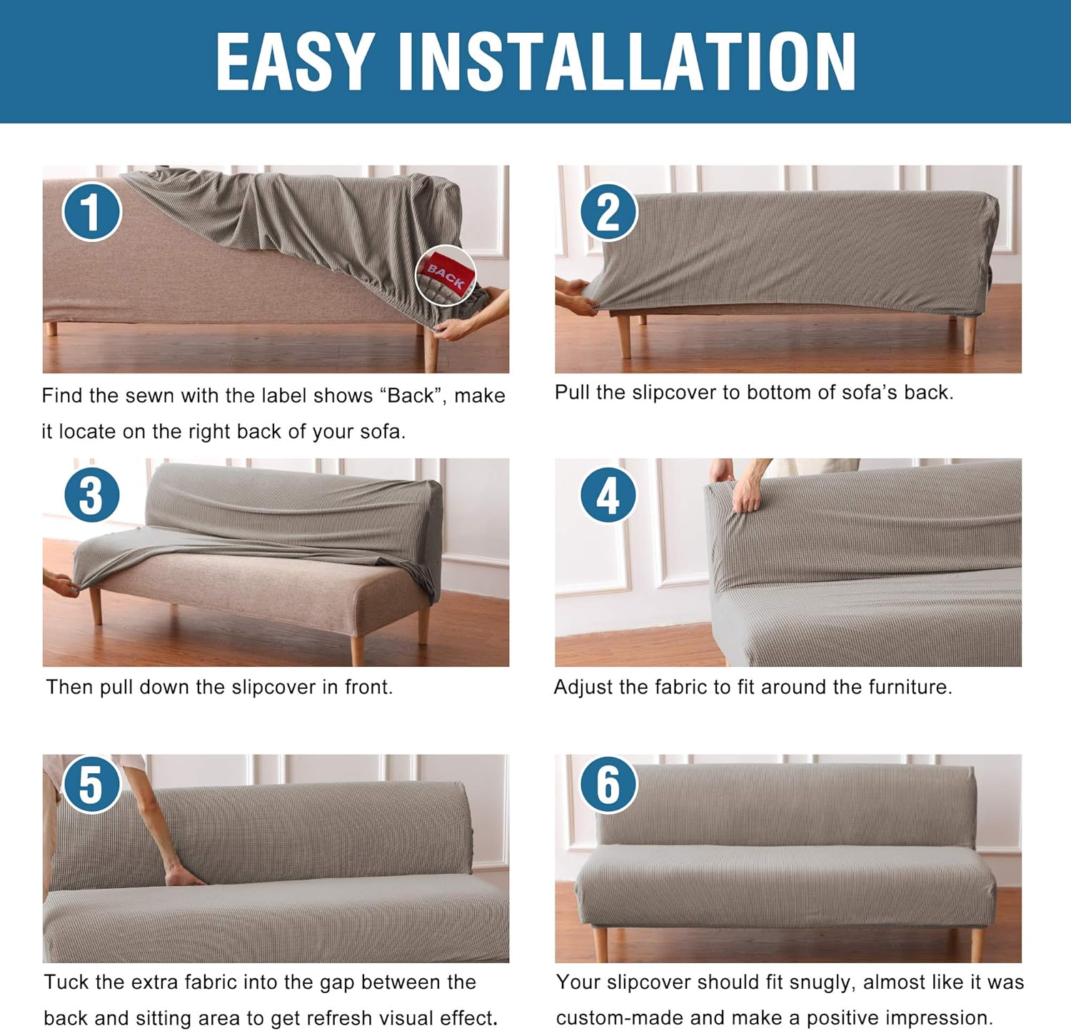 H.VERSAILTEX Armless Futon Cover Stretch Sofa Bed Slipcover Protector Elastic Feature Rich Textured High Spandex Small Checks Jacquard Fabric Futon Cover, Machine Washable, Gray