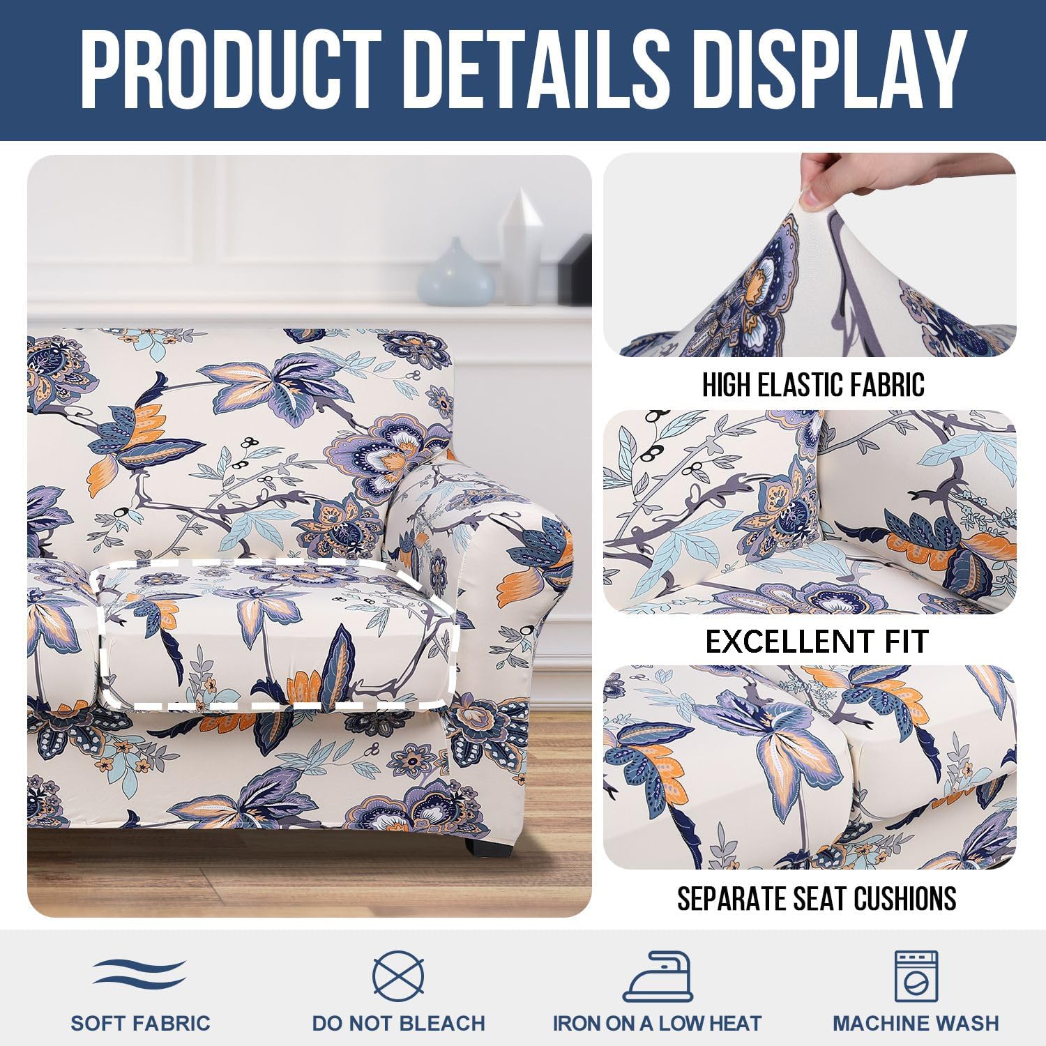 hyha Couch Covers, Chair/Sofa Covers, Floral Pattern, Stretch, Printed, 2 Pieces, Armchair Slipcover, Separate Couch Cushion Slipcover, Furniture Protector for Dogs(Armchair, Paisley Floral)